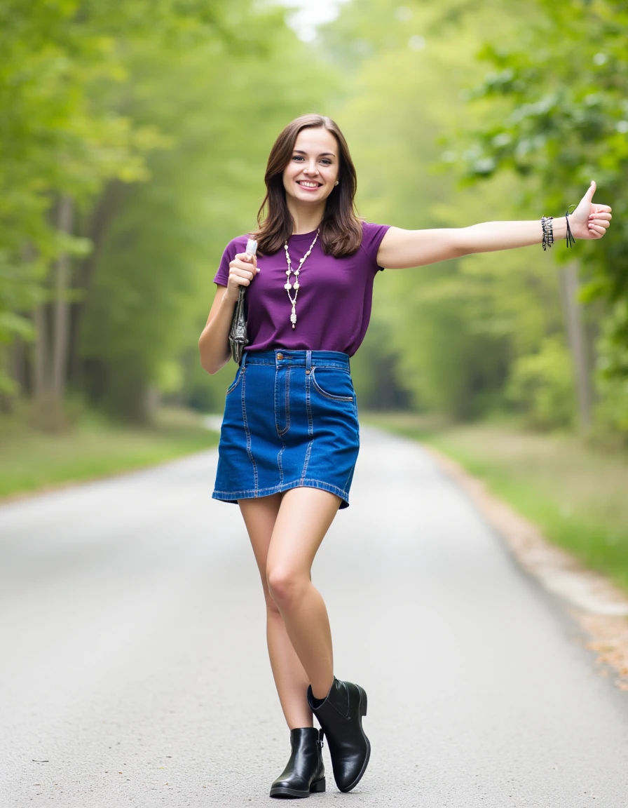 hithik, thuup, front view , 
(slim 25yo girl) hitchhiking with thumb up at a road in nature. The woman wears blue short skirt, purple top, black boots, necklace 
and has  brunette hair 
 <lora:HitchhikeFlux.1.0:1>