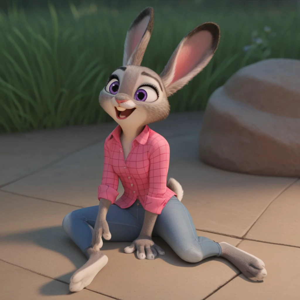 score_9, score_8_up, score_7_up, score_6_up, score_5_up, score_4_up, source_furry, hoppsJudyzt, anthro, female, bunny, grey fur, purple eyes, rabbit ears, rabbit tail, rabbit girl, buck teeth,  pink flannel shirt,  blue jeans lush valley,  sitting on a rock on a riverbank, barefoot,  open mouth, forest,