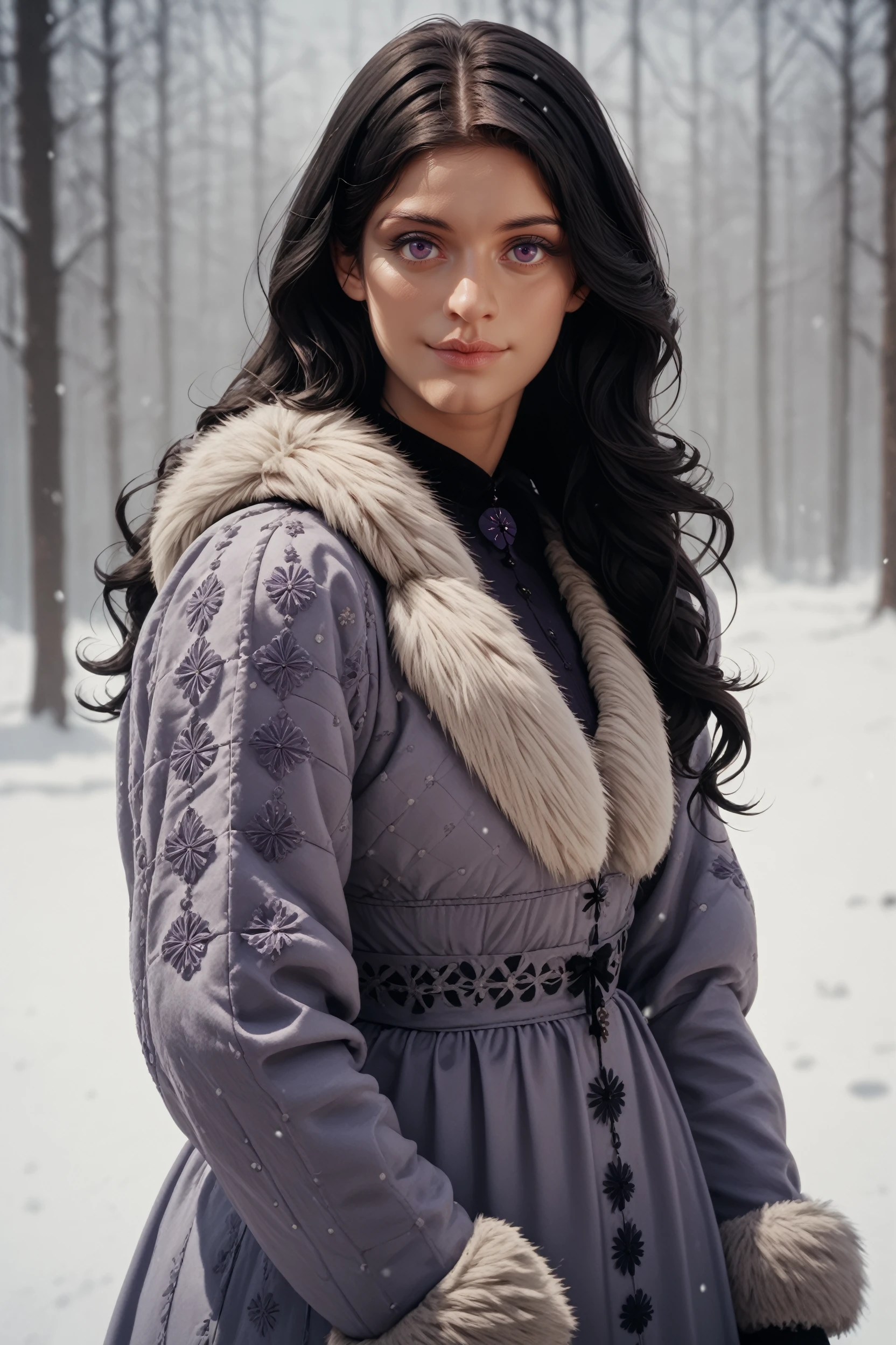 score_9, score_8_up, score_7_up,
<lora:TWTVYennefer:0.9>
TWTVYennefer, 1girl, black hair, purple eyes, long hair, looking at viewer, in a winter wonderland, cowboy shot, winter clothing, smile