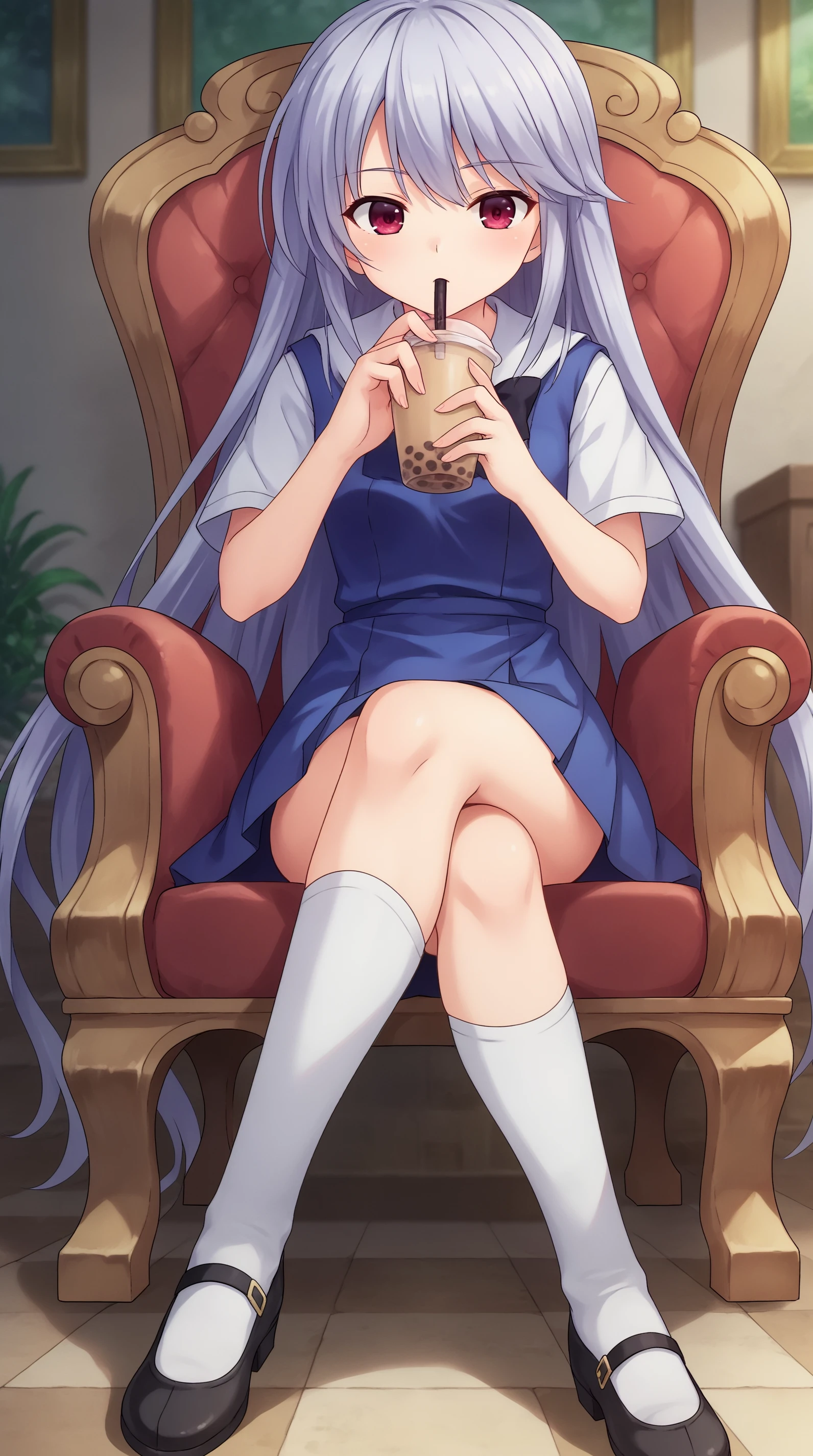 score_9, score_8_up, score_7_up,anime_source, source_anime, best background, detailed background, anime screencap  Kazuki Kazami, Main Outfit, solo, sitting, crossed legs, drinking, bubble tea, indoors, throne,  <lora:JN_Kazuki_Kazami_Pony:0.8>