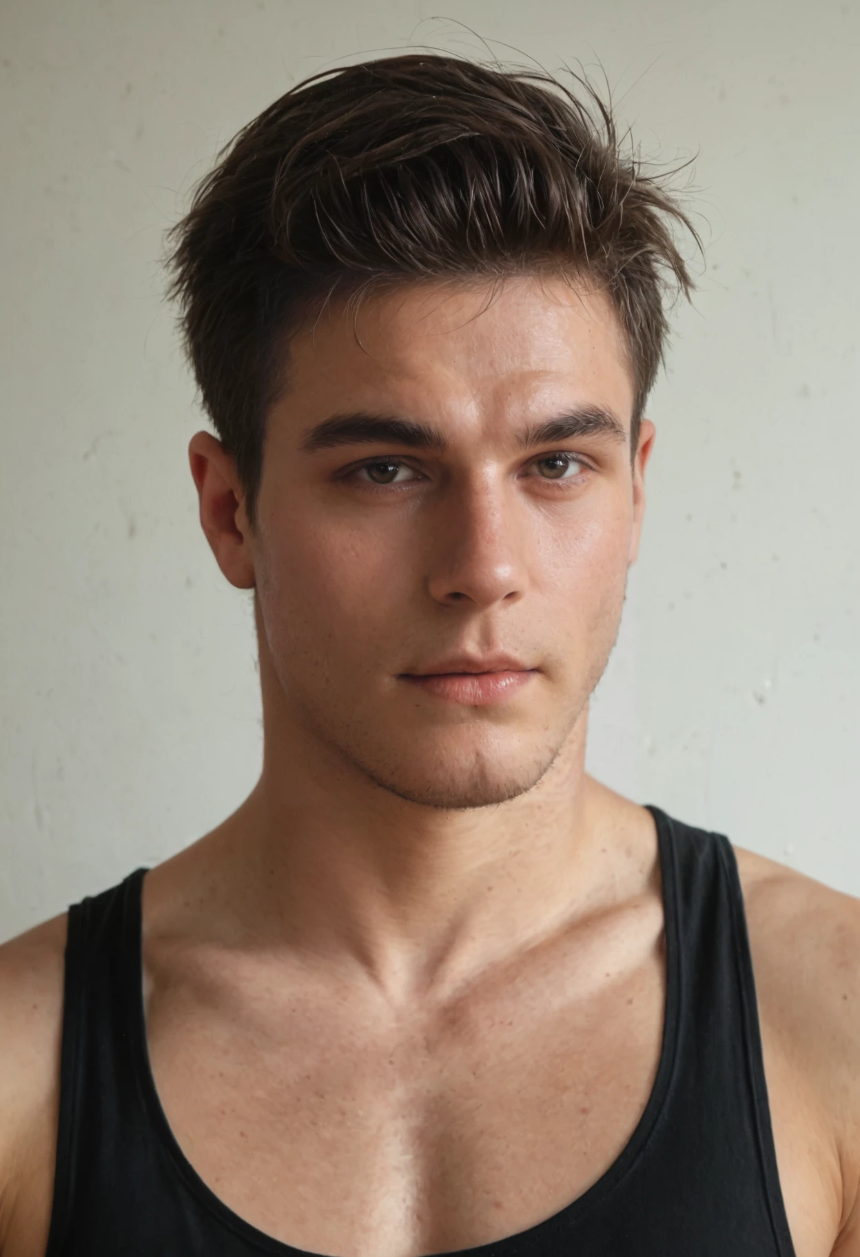 score_9, score_8_up, score_7_up, realistic, photorealistic, highly detailed, close-up <lora:xl_dominik_togyela-08:0.8> male domperson, wearing black tank top shirt, white background