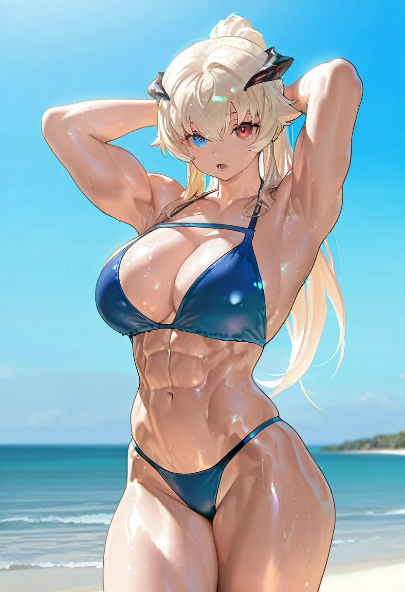 masterpiece, best quality, amazing quality, very aesthetic, absurdres, newest, scenery, volumetric lighting, depth of field, shiny skin,
muscular, muscular female, solo, swimsuit, bikini, abs, 1girl, breasts, long hair, armpits, thighs, sky, heterochromia, arms behind head, blue sky, blonde hair, navel, arms up, looking at viewer, bangs, blue eyes, ponytail, red eyes, blue bikini, horns, open mouth, day, cleavage, large breasts, bare shoulders, no humans, water, ocean, beach,
small head,
<lora:Small_head:1>
masterpiece, best quality, amazing quality, very aesthetic, absurdres, newest, scenery