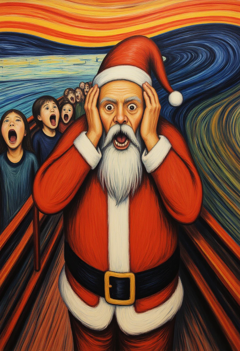 3dv4rd painting, Santa Claus wearing his Santa Suit in the scream painting by Edvard Munch, hands on his ears.  Many children are standing behind him screaming.