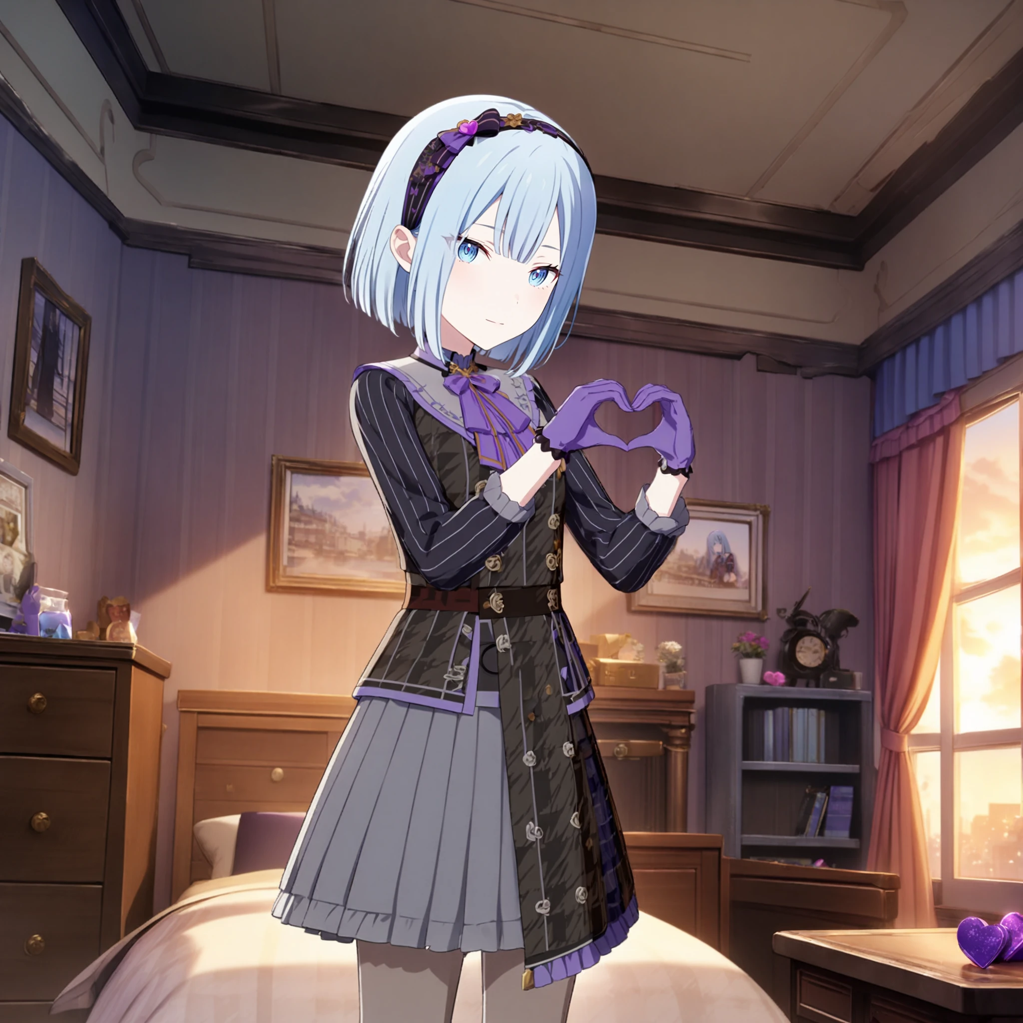 1girl, yoisaki kanade, project sekai, masterpiece, very aesthetic, absurdres, official art,
valentine kanade, silver hair, short hair, blunt end, blue eyes, blunt bangs,
looking at viewer, head tilt, standing, heart hand, hands up,  BREAK
asymmetrical skirt, hair band, hair ribbon, purple gloves, purple neck ribbon,  brown thighhigh,
indoors, kawaii room, bed room, black and brown color room, dusk, warm light,
<lora:sdxl-25-ValentineKanade01:0.9:lbw=0,0,0.2,0.2,0,0.4,0.4,0,0.8,0.8,0,0,0,0.8,0.8,0.6,0.8,0.0,0.0,0.0,0,0,0,0,0,0>