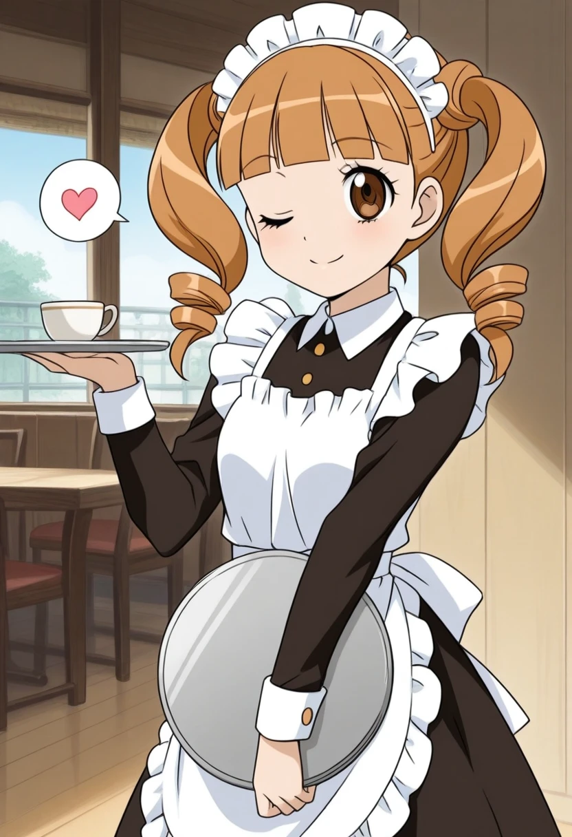 score_9, score_8_up, score_7_up, score_6_up, score_5_up, BREAK
yumeno uta, 1girl, solo, onegai my melody, brown eyes, day, twintails, brown hair, blunt bangs, drill hair, long hair, cafe, maid outfit, maid headdress, tray, wink, one eye closed, spoken heart, smile, happy