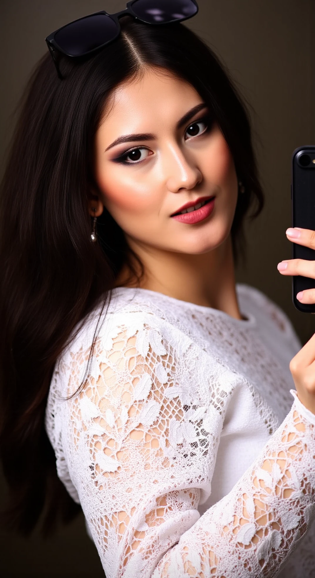 picture of parwanafluxho natural makeup look. She is looking at the camera with a contemplative expression, intricate white lace top with a geometric pattern, dark hair cascading down her back abrafluxho. She is nude, with a warm brown color, and is wearing only a pair of pink and white leopard print panties abrafluxho. She has a slender physique with small breasts and a fair skin tone abrafluxho. straight, wavy dark brown hair cascading over her shoulders abrafluxho. Her skin is light colour and smooth abrafluxho. The scene captures her taking a selfie with a smartphone, her hand extended slightly forward holding the device. There is a subtle flash light illuminating her face, creating a soft glow and highlighting the smooth texture of her skin. The background is blurred, adding to the focus on her features, with hints of a cozy indoor setting, perhaps a softly lit room with faint shadows. The selfie should feel natural and candid, capturing her essence and the intricate details of her appearance.