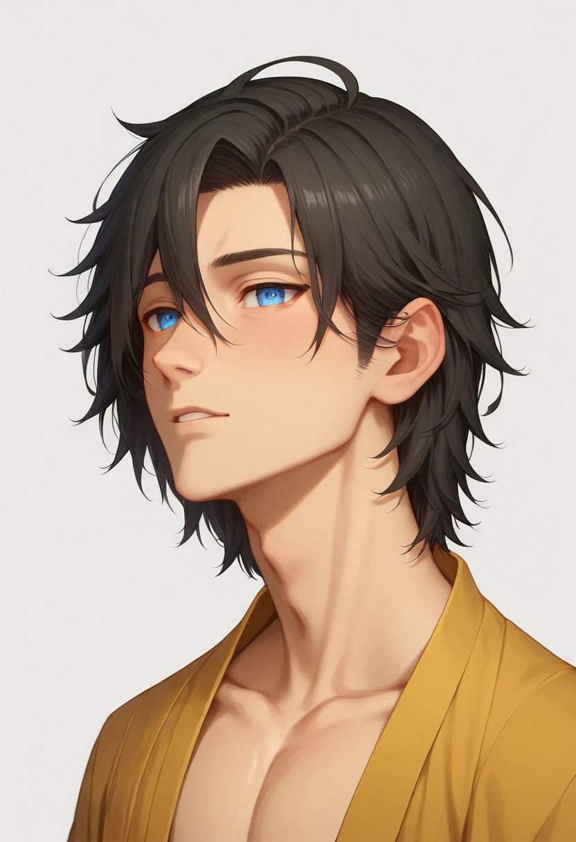 score_9, score_8_up, score_7_up, 8k, best quality, charturnerv2, sz4d3k, 1boy, even skin tone, cell shaded, male focus, indirect lighting, detailed face, detailed eyes, detailed, Expressiveh, adult male, Koryu, black hair, blue eyes, golden water tribe robes, visible chest, close up, face focus, headshots,