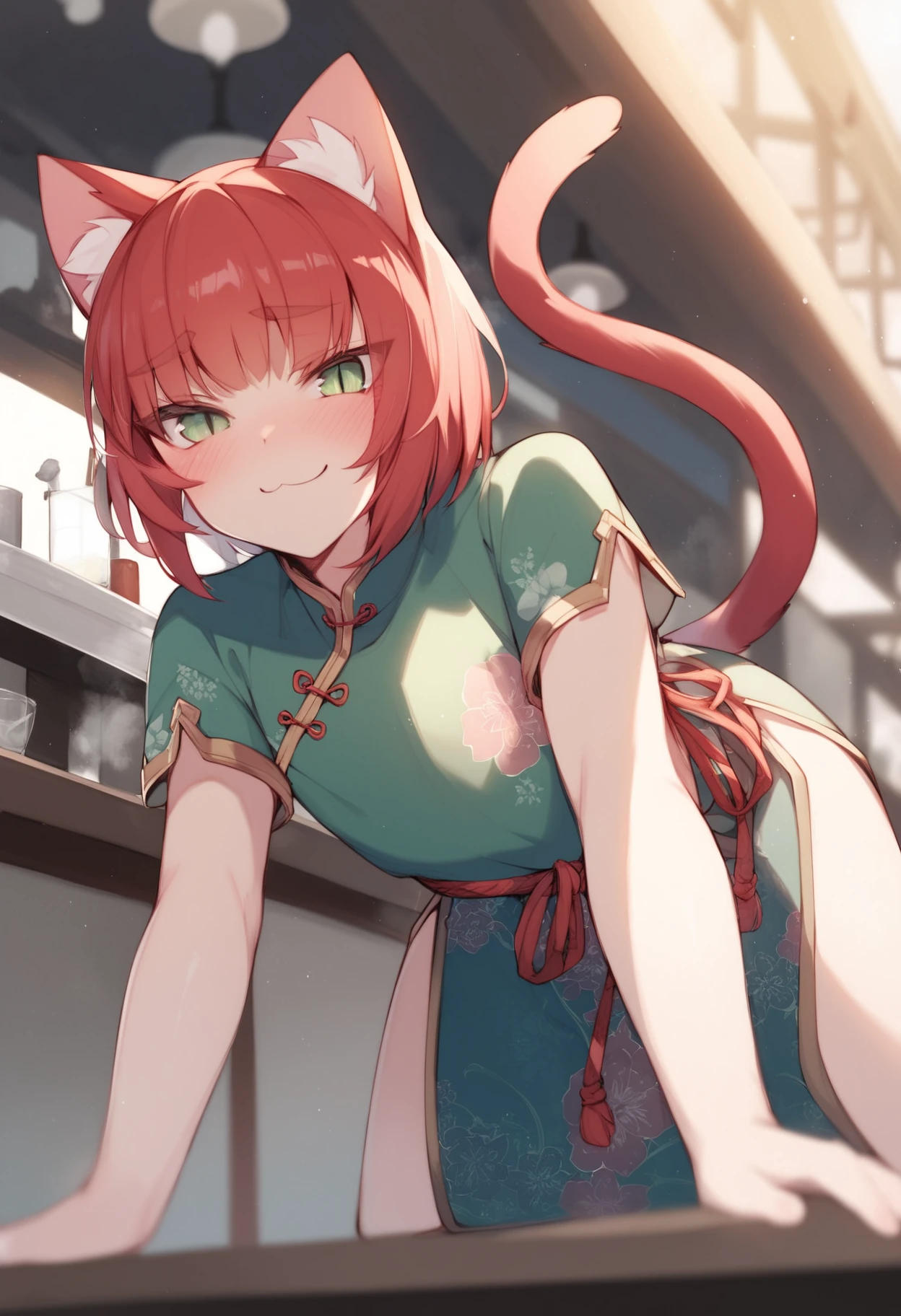 score_9, score_8_up, score_7_up, solo,
1femboy, skinny, catboy, red tail, ((red):1.4 cat ears), bob hair, red hair, green eyes, slit pupils, detailed eyes,
chinese princess outfit, green dress, short sleeves, blushing, shy, long skirt, floral print, on all fours,
from below, smug, cafe,
<lora:Haseru(GinkuMh):0.8>, ginkumh1,