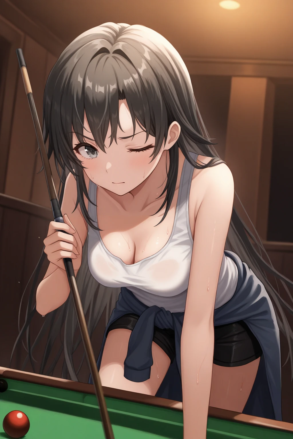 masterpiece, best quality, focused, raised eyebrow, one eye closed, solo, 1girl, shzhrtsk, medium breasts, long hair, black hair, grey eyes, tank top, sweat, jacket around waist, shorts, leaning forward, holding, cue stick, indoors, billiards, pool table, bar \(place\), dark room, <lora:Hoseki_Oregairu_ShizukaHiratsuka_IllustriousXL_v1:1>