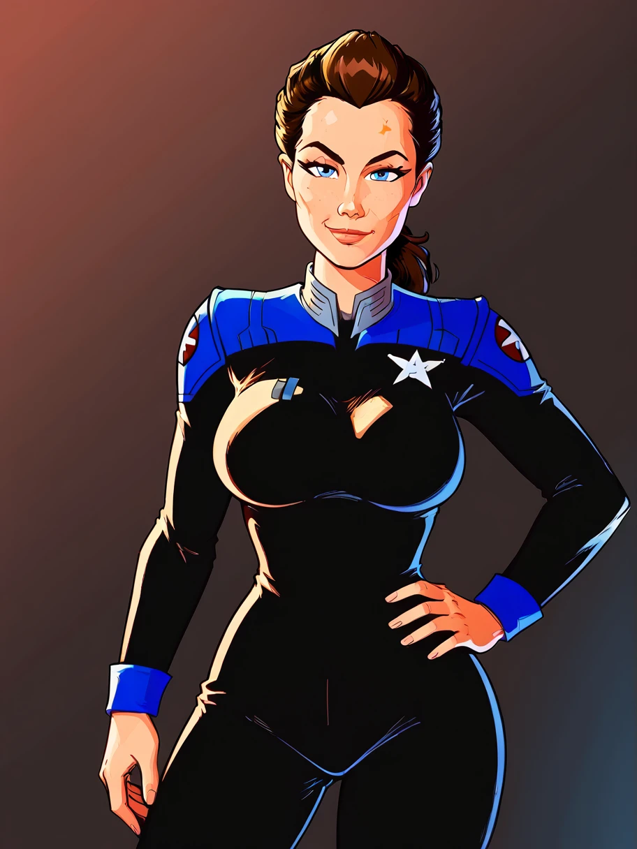 1girl, solo, looking at the viewer, ,  flirty, cowboy shot,  smug,
<lora:Jadzia_Dax_Comic_Pony:1> jadzia dax, brown hair, ponytail, blue eyes, large breasts, blue starfleet uniform, black pants, star trek, startrek,
trill birthmarks,
<lora:raichiyo33XLP:.55> raichiyo33 <lora:bp4rtXLP:.55> <lora:Expressive_H:.65>âââ