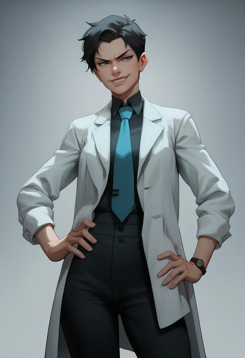 score_9,score_7_up,souce_anime,zPDXL2 BREAK
rip1ey,1girl,solo,black hair,short hair,open lab coat,dress shirt, black pants,  tie,hand on own hip,smirk<lora:ripleyv4:1>