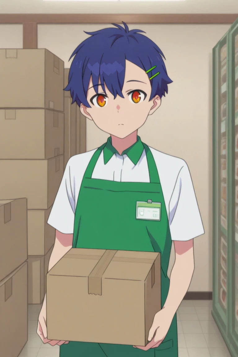 masterpiece, best quality, amazing quality, very aesthetic, absurdres, newest, masterpiece, best quality, amazing quality, very aesthetic, absurdres, newest,
yomogi asanaka, blue hair, orange eyes, white shirt, 1boy, male focus, solo, box, shirt, hairclip, hair ornament, holding box, green apron, looking at viewer, cardboard box, short hair, orange eyes, holding, indoors, uniform, employee uniform, short sleeves, collared shirt, shop