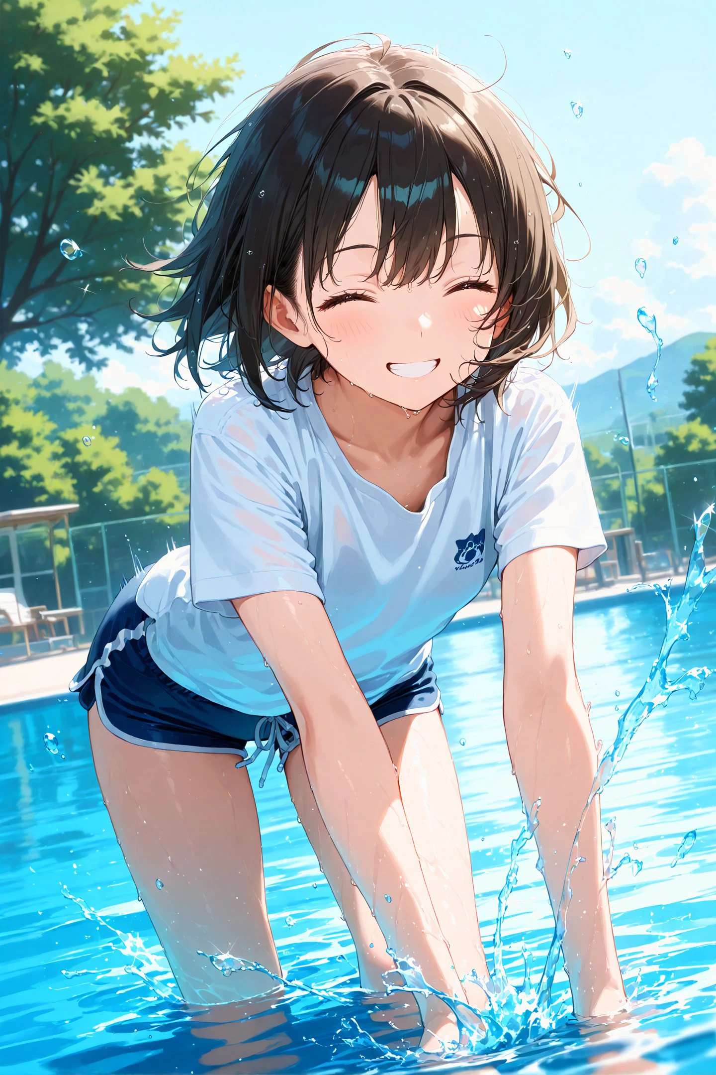 masterpiece,best quality,
1girl,water,depth of field,grin,clothes,motion ,playing,splash,(bent over:0.7),close eyes