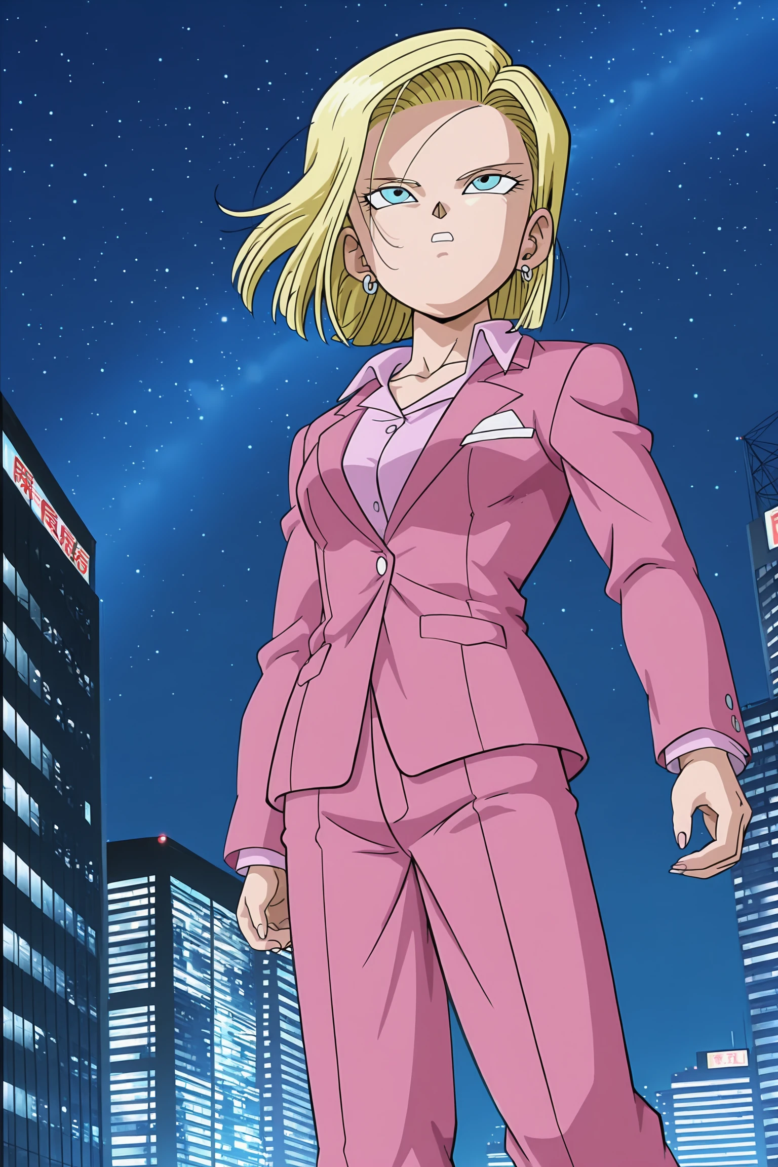 anime screencap, absurdres, high quality, official style,
android 18, super suit, official style, 1girl, solo, short hair, blue eyes, blonde hair, collared shirt, pink shirt, pink jacket, pink pants, silver earring, pants, formal, suit, wind, pink suit, collarbone, cowboy shot, city, v-shaped eyebrows, v-shaped eyes, eyelashes, fingernails, dappled moonlight, looking up at the sky, night sky, stars, from below, 
 <lora:Android_18_-_Dragon_Ball:0.8>