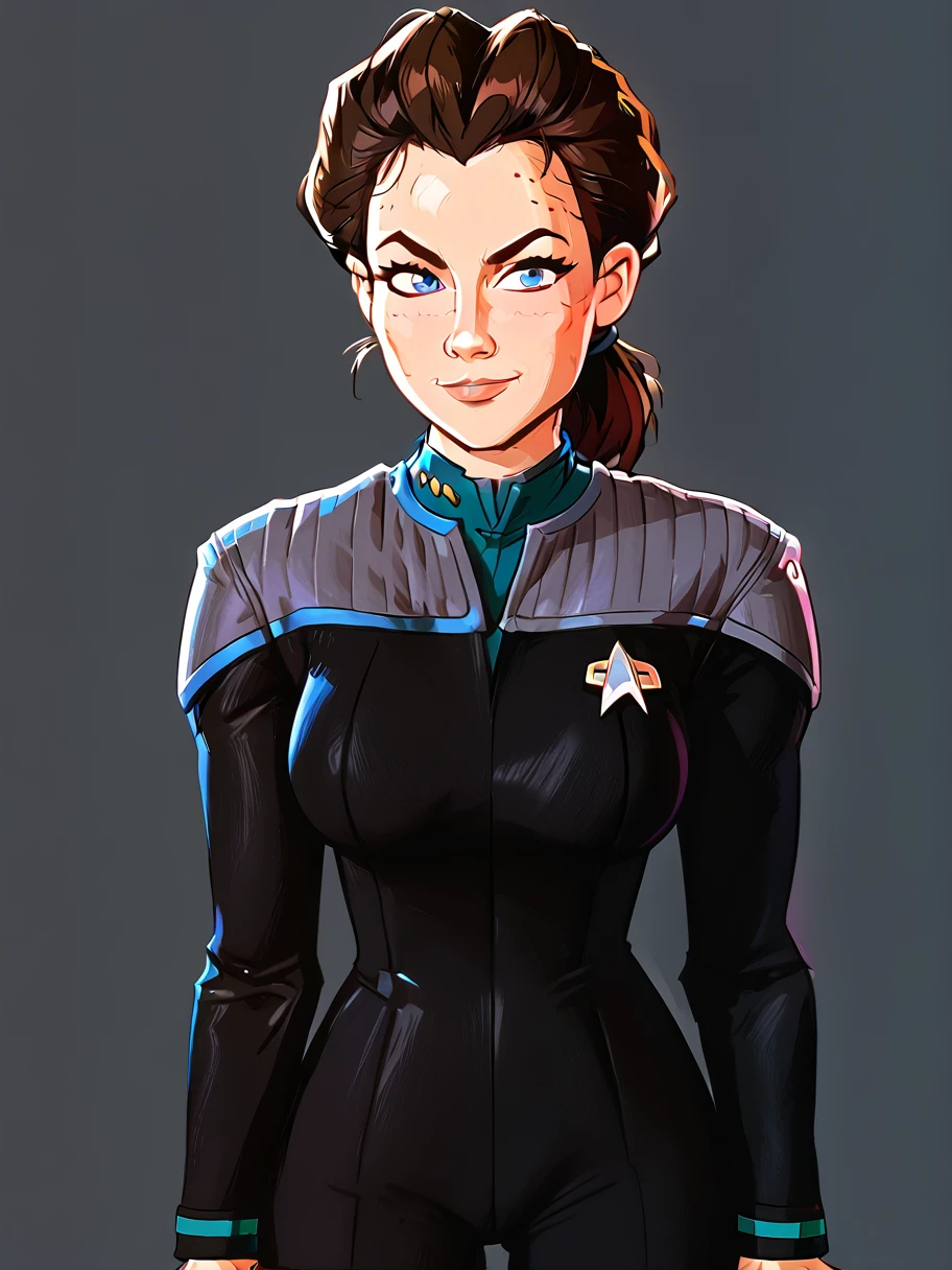 1girl, solo, looking at the viewer, ,  flirty, cowboy shot,  smug,
<lora:Jadzia_Dax_Comic_Pony:1> jadzia dax, brown hair, ponytail, blue eyes, large breasts,
forehead spots, trill birthmarks,
<lora:raichiyo33XLP:.55> raichiyo33 <lora:bp4rtXLP:.55> <lora:Expressive_H:.65>  <lora:ponyDS9:1> ds9st, black and grey star trek uniform, grey shoulders,, teal neck, black jumpsuitâââ