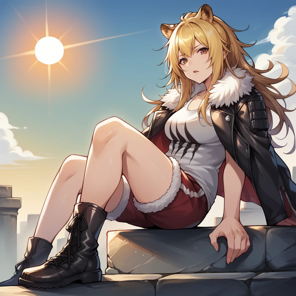 score_9_up, score_8_up, score_7_up, source_anime, 1girl, solo, sun, clouds, sky, sitting on stone ledge, bend knee, knee up, looking at you, from side, angled shot, full body, black footwear, boots, bored, open mouth, head tilt, SGark, SG_1st, siege (arknights), brown eyes, blonde hair, long hair, tank top, white tank top, fur-trimmed jacket, fur trim, black jacket, tiger ears, tiger tail, red shorts, fur-trimmed shorts, mature body, dynamic cowboy shot, 