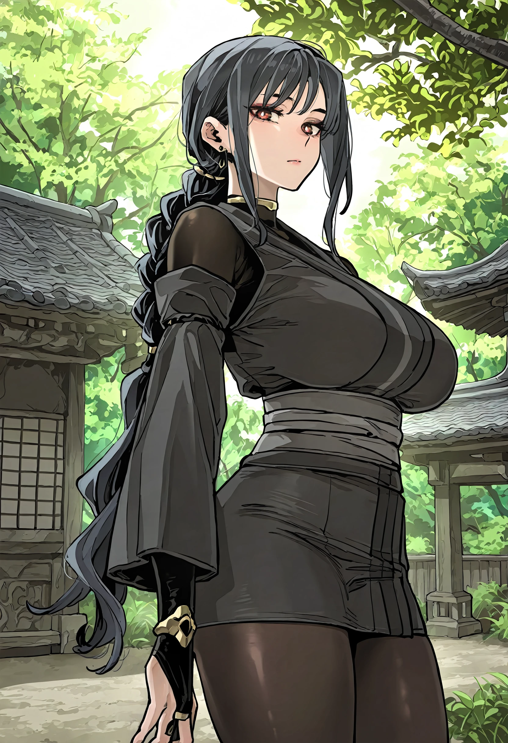 masterpiece, best quality, amazing quality, very aesthetic, absurdres, newest, scenery, 1girl, solo, huge breasts, <lora:So Ryeong illustxl:0.9>long hair, black hair, red eyes, bright pupils, earrings, braided ponytail, low ponytail, sidelocks, black nails, gold choker, black kimono, turtleneck, black bodysuit, detached sleeves, (long sleeves:1.1), bridal gauntlets, grey sash, short skirt, black pantyhose, upper body, standing, tree, east asian architecture, outside, looking at viewer, shiny skin, masterpiece, best quality, amazing quality, very aesthetic, absurdres, newest, scenery