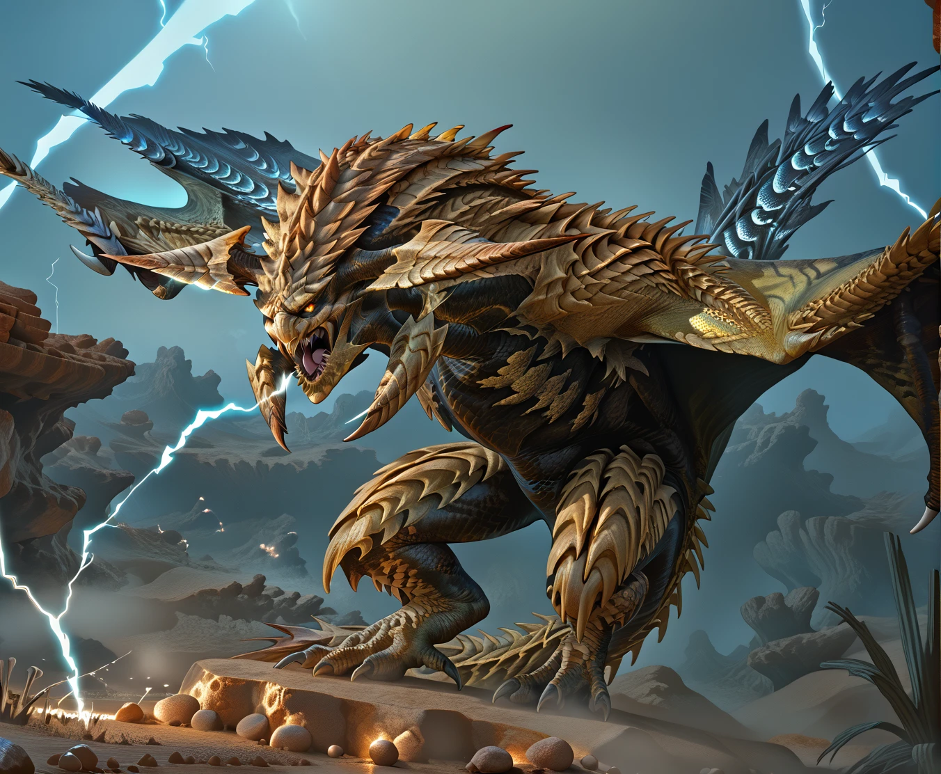 score_9, score_8_up, score_7_up, ((best quality, high quality, absurdres, Feral, wings, scales, lightning, thunder, gold scales, black body,  open mouth, roaring, )) rating: explicit, (Detailed background, Desert, oasis,) by kenket, by darkgem, by dullyarts, by plattyneko, by Thousandfoldfeathers,   extremely detailed, highres, detailed shading, soft shading, volumetric lighting,  natural lighting, well lit, 2d \(artwork\), digital drawing \(artwork\),   vibrant colors, FujiFilm XT3, realistic rendering,   <lora:zy_Detailed_Backgrounds_v1:1> outdoors,  <lora:Rey_Dau_Monster_Hunter_Pony:1> (((reyd, rey dau,))) electricity, tail, horns, forward facing horns, shooting lightning from face, glowing face,