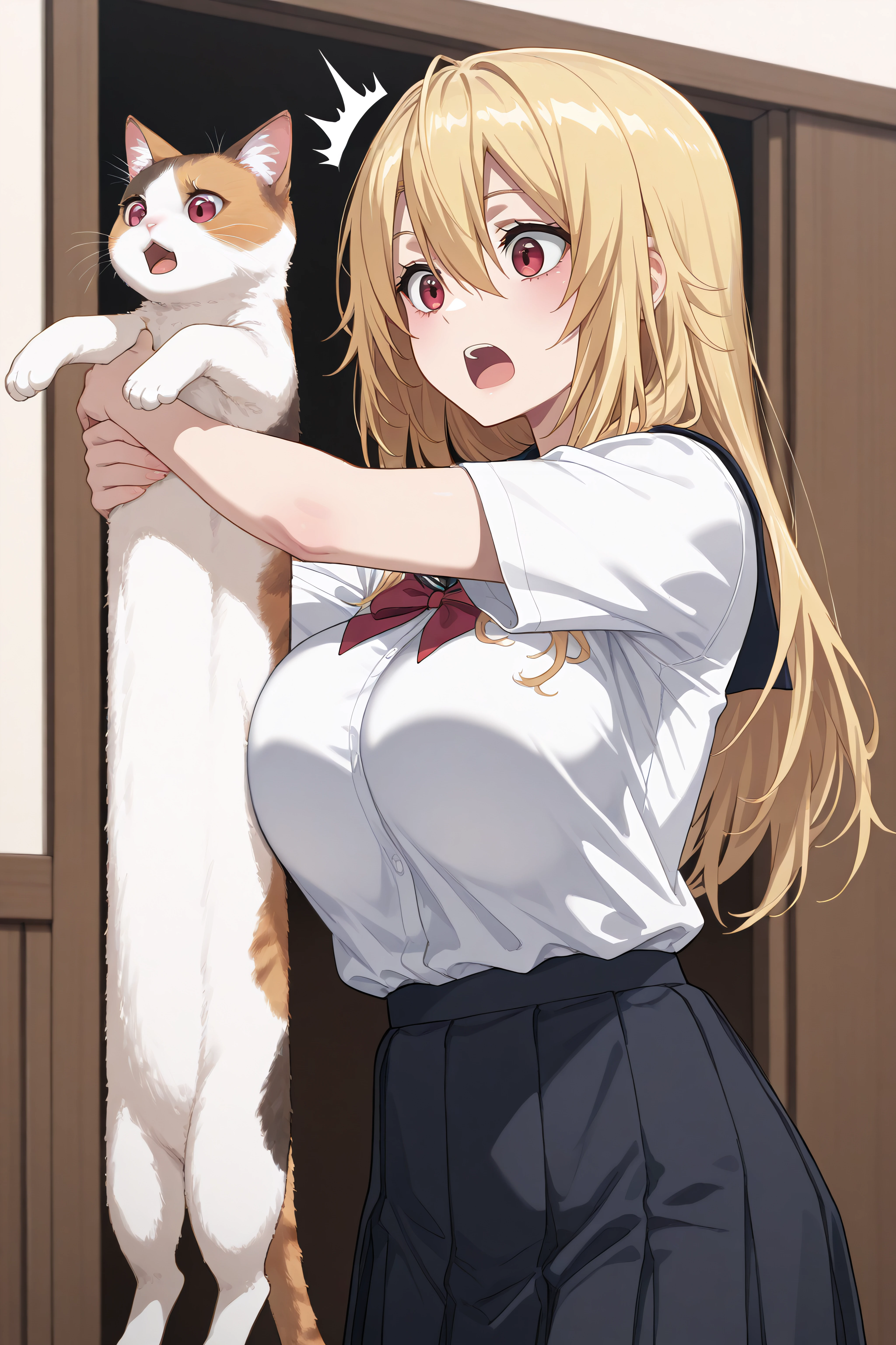 masterpiece, best quality, <lora:Angelica Rapha Redgrave-Illustrious-lora-Faxtron:1> angelica, red eyes, blonde hair, long hair, hair between eyes, large breasts, school uniform,  <lora:longcat-ponyxl-lora-nochekaiser:1> longcat, longcat (meme), armpit carry, meme, holding cat, holding animal, cat, animal,, surprised, open mouth, home,