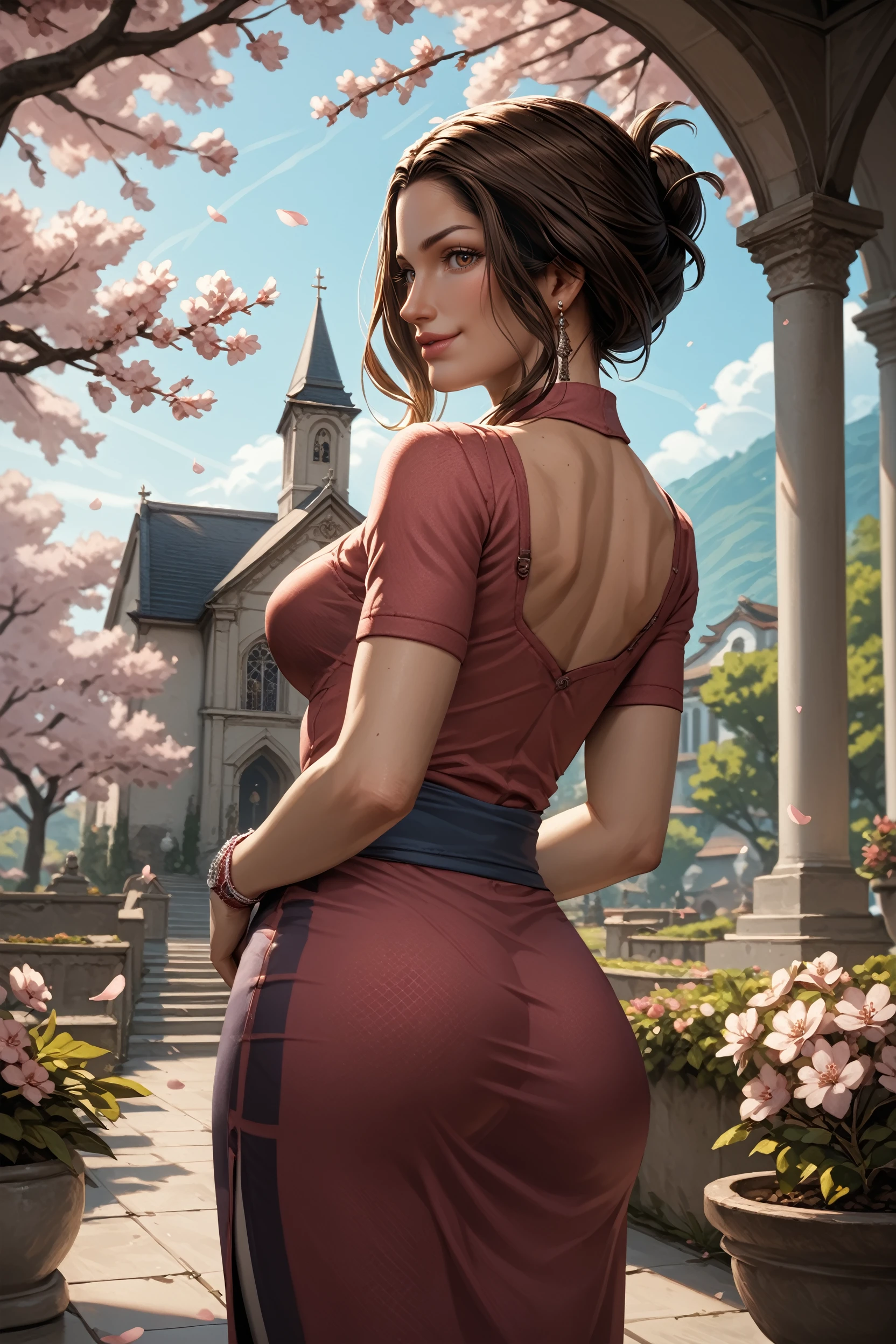 score_9, score_8_up, score_7_up,
<lora:SH4Cynthia:0.8>
SH4Cynthia, 1girl, brown hair, brown eyes, hair updo, looking at viewer, arms behind back, leaning forward, standing, outdoors, cherry blossoms, smile, garden, church