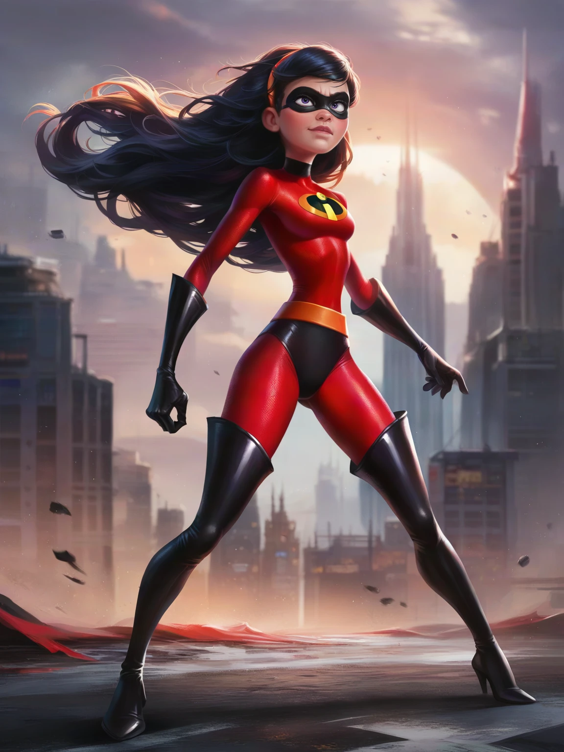 <lora:Violet Parr:0.4> vio_p, 1girl, slender body, fair skin, pink lips, bluish-purple eyes, long straight hair, black hair, supersuit, black eye mask, orange headband, red unitard,  orange belt, black gloves, black bottoms, thigh-high black boots,
 <lora:Concept Art Brush Style LoRA_Pony XL v6:0.9> realistic, concept art, digital art, score_9, score_8_up, score_7_up,