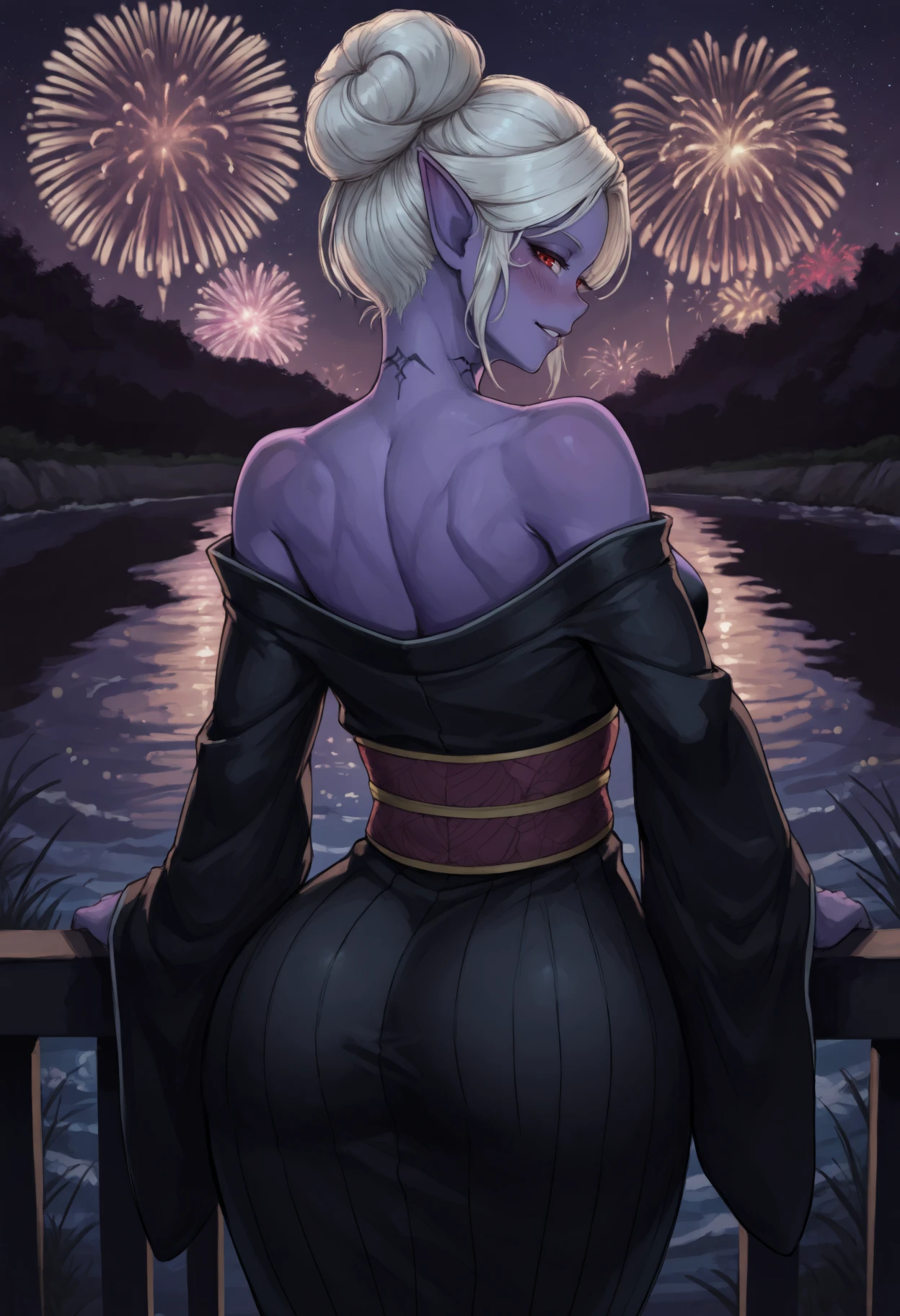 masterpiece, best quality, 1girl, colored skin, purple skin, pointy ears, red eyes, hair bun, short hair, white hair, neck tattoo, medium breasts,
black kimono, off-shoulder kimono,
looking at viewer, looking back, seductive smile, blush, parted lips, bedroom eyes, cowboy shot, railing,
outdoors, night, dark, fireworks, starry sky, river, reflection, scenery, detailed background, from behind,
<lora:Minthara-NoobAi-1.1_V1-Manityro-CAME:1>,