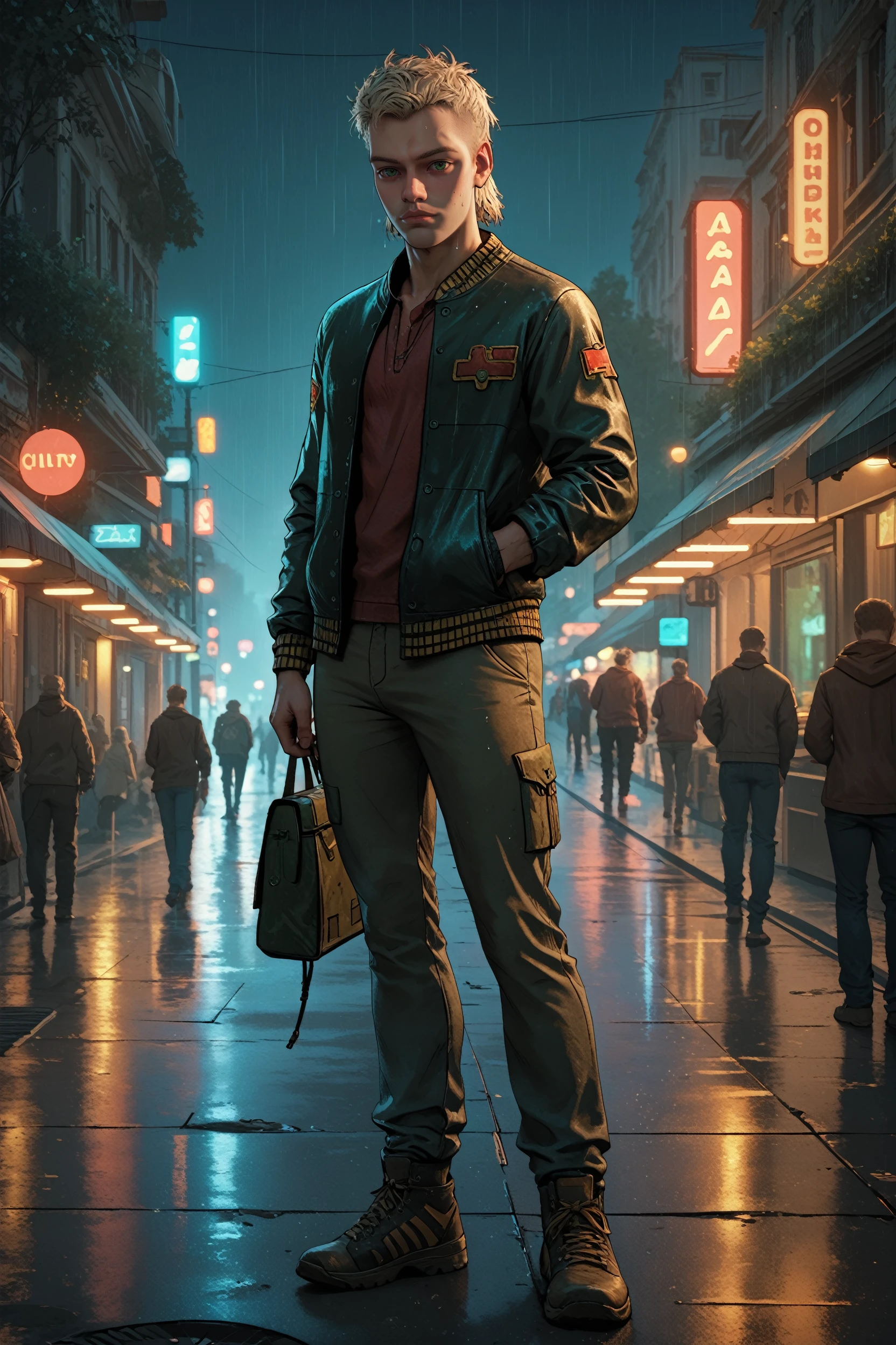 score_9, score_8_up, score_7_up,
<lora:TWD3Marlon:0.8>
TWD3Marlon, 1boy, blonde hair, green eyes, looking at viewer, standing in the rain on a neon-lit city street at night, full body