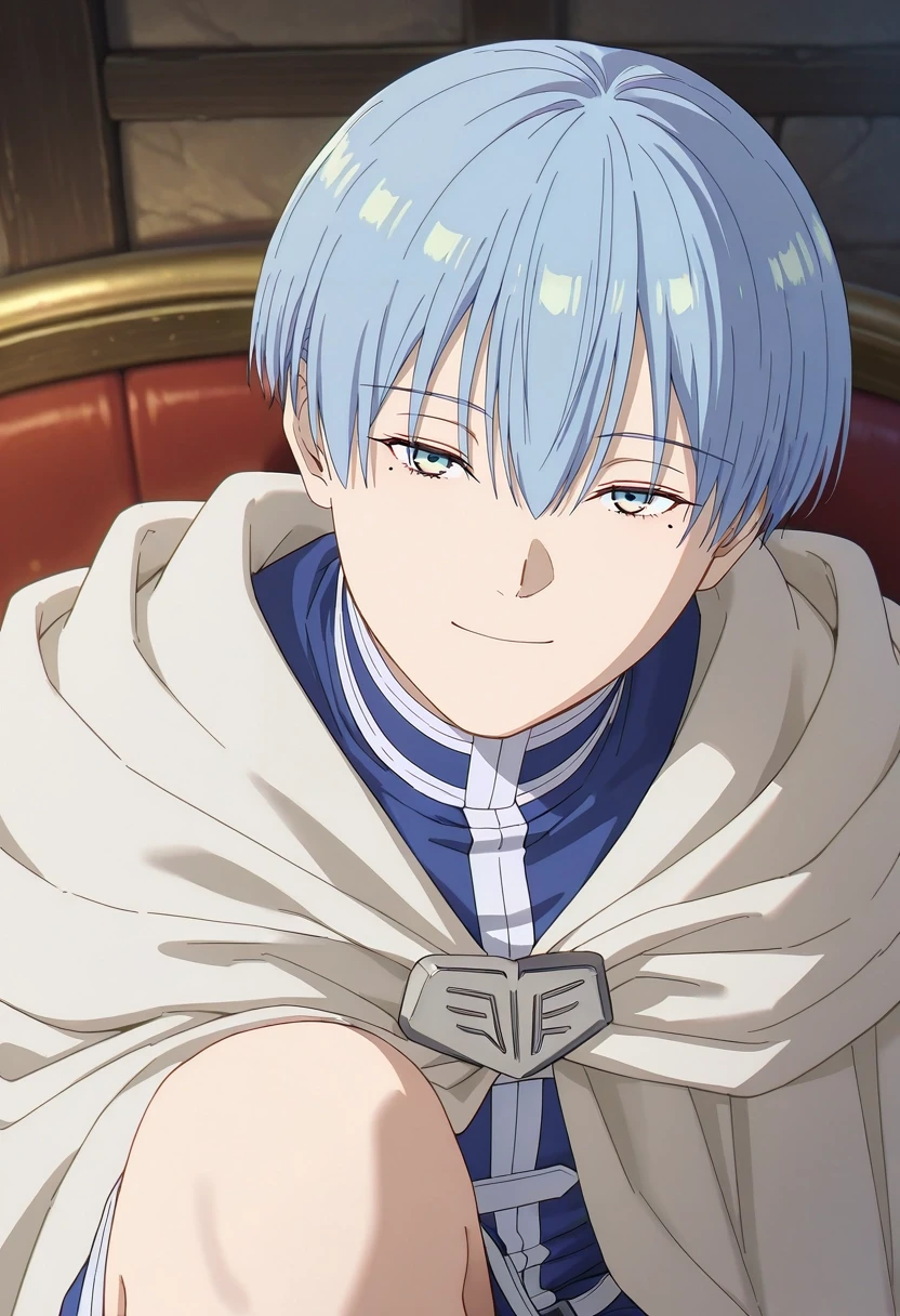 masterpiece, best quality, intricate details, semi-realistic, looking at viewer, , 1boy, solo, male focus, <lora:himmel_sousou_no_frieren_ilxl:0.98>, himmel_sousou_no_frieren, blue hair, blue eyes, short hair, bangs, hair between eyes, mole under eye, focused, fuji mountain, noon, sitting, half-closed eyes, smile,