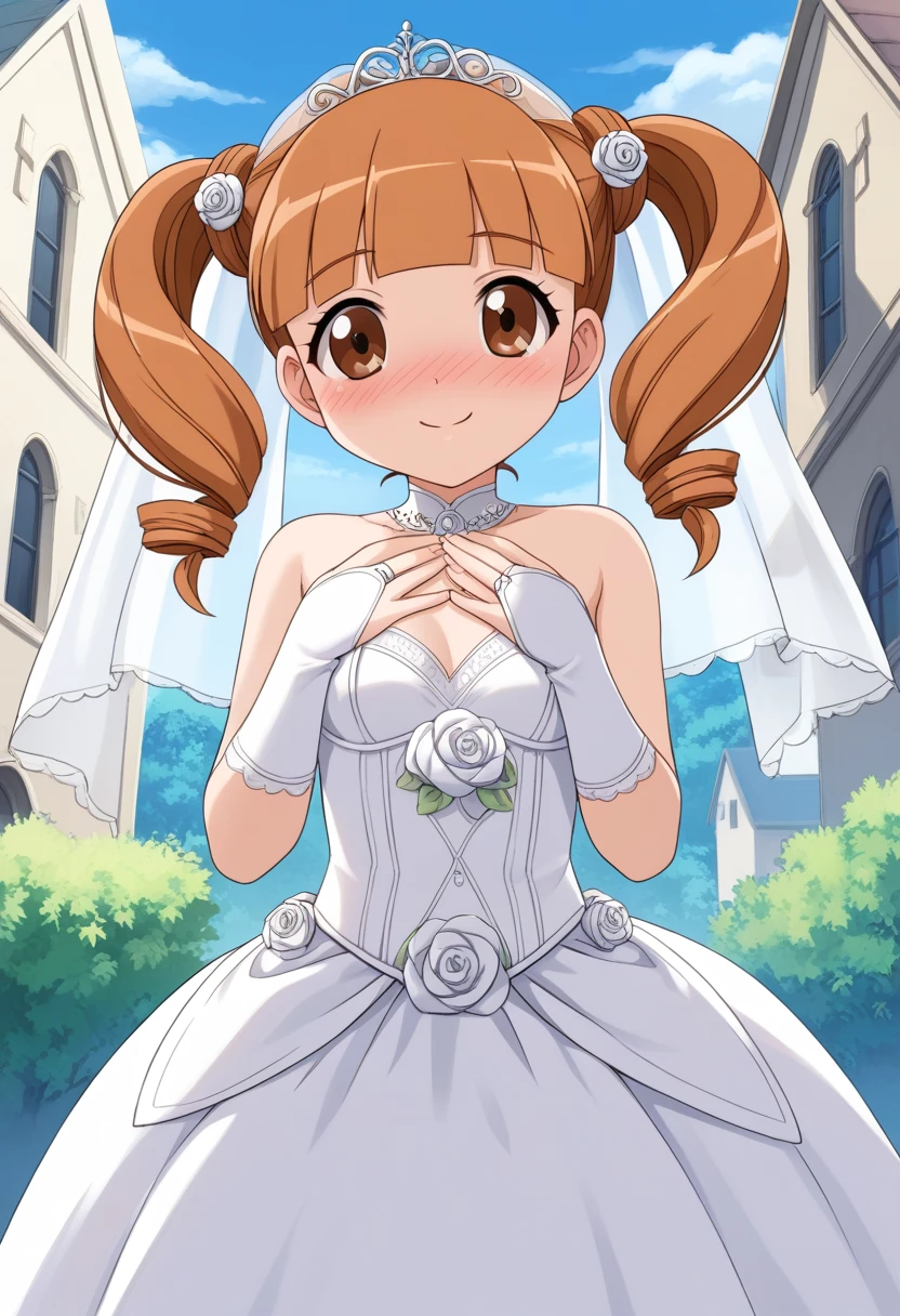 score_9, score_8_up, score_7_up, score_6_up, score_5_up, BREAK
yumeno uta, 1girl, solo, outdoors, onegai my melody, brown eyes, day, twintails, brown hair, blunt bangs, drill hair, long hair, church, wedding dress, wedding veil, blush, deep blush, nose blush, happy, smile, 