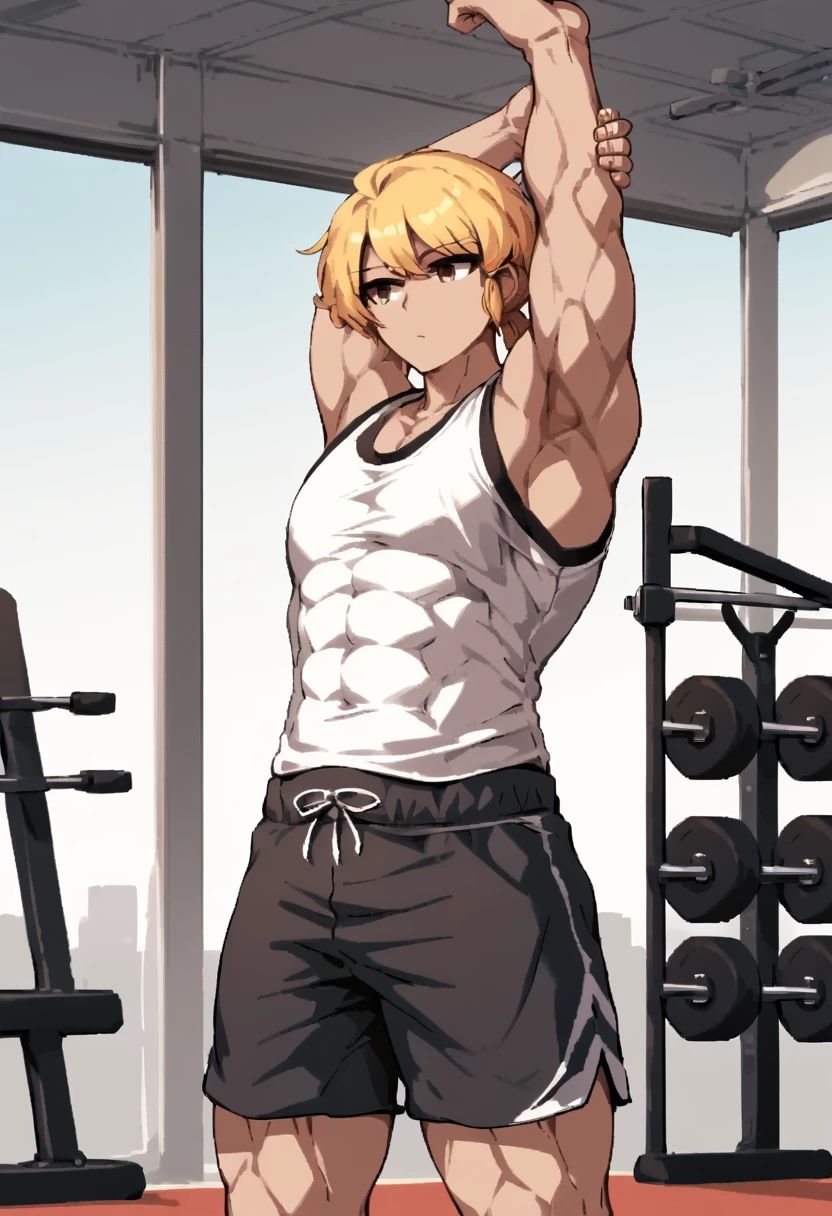 score_9_up, score_8, score_7, 1boy, solo, source_anime, <lora:sptakorinStyleXLPony:1>, <lora:Hajime-10:0.8>, Makunouchi Hajime, dark-skinned, muscular, white tank top, shorts, expressionless, closed mouth, looking away from viewer, stretching, gym, exercise equipment