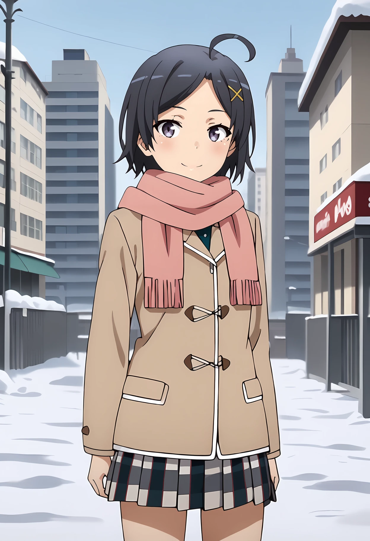 anime screencap,
<lora:YahariOreNoSeishunLoveComedy_HikigayaKomachiXL:0.9>,
1girl, solo, closed mouth, light smile, blush,
short hair, black hair, ahoge, parted bangs, x hair ornament, purple eyes,
KomachiWinter, pink scarf, brown coat, long sleeves, plaid skirt, pleated skirt, multicolored skirt,
thigh gap, cowboy shot, standing, looking at viewer,
winter, snow, snowing, school, city, outdoors, blurry background