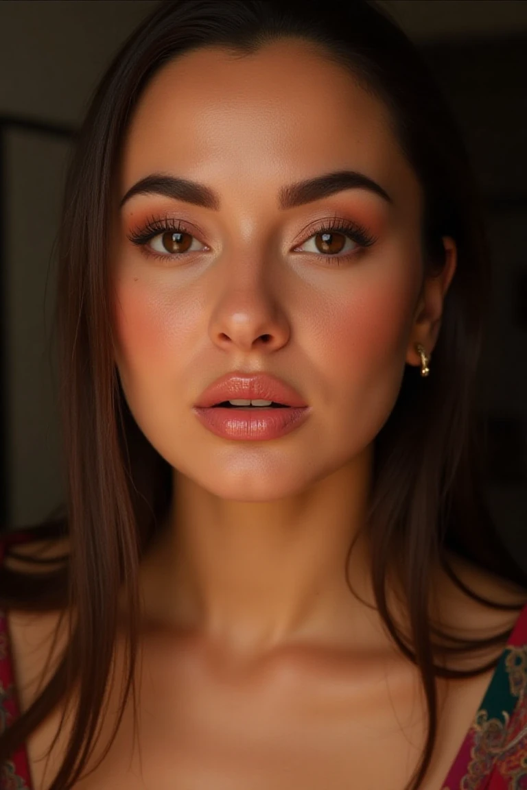 High quality realistic beauty shot of haniaaflx. she is a gorgeous woman and she is posing in a studio room. It's framed tightly on her face with high key lighting. She is giving an intense and confident look. She has dramatic beauty shot make up.