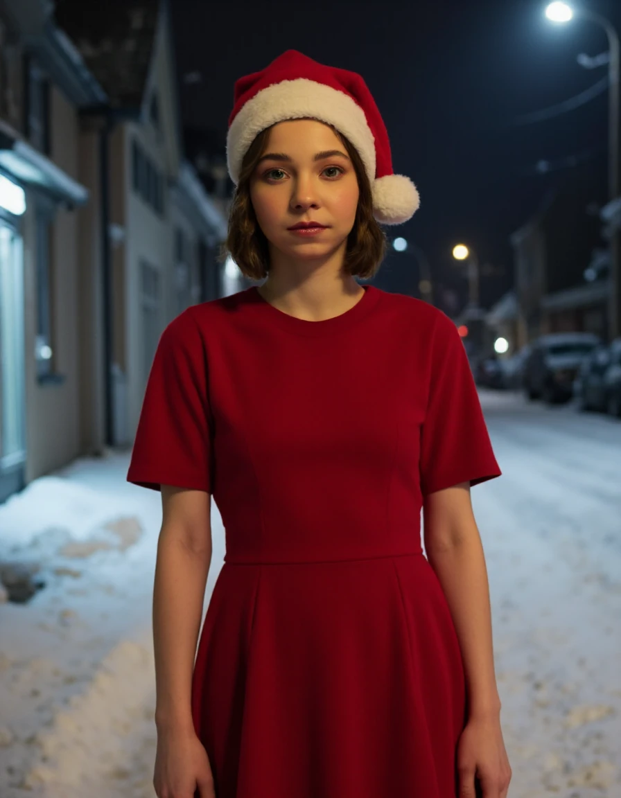 <lora:EmmaMFlux:1.4>  an eighteen year old woman with short brown hair. the woman should be wearing a santa hat and a red dress, the photo is detailed and the girl is outside in a snowy street at night <lora:CinematicStyleFlux_v1:0.75>