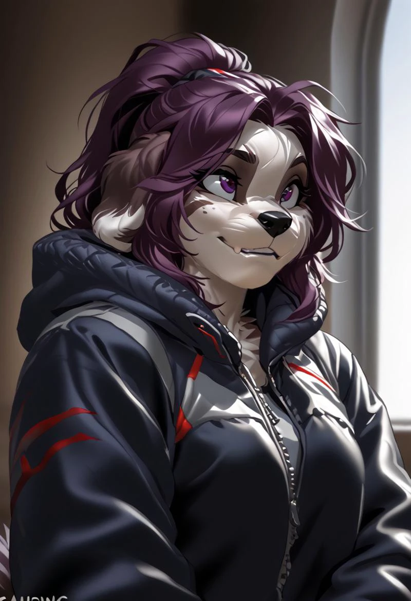 score_9, score_8_up, score_7_up, (by kittydee:1.5), (by jailbird:1.5), (by zummeng:1.5), masterpiece, best quality,
(Furry Art: Anthro: Shih Tzu:1.5), 1girl, expressive eyes, feminine eyes, perfect face, feminine face, dog, canine, medium long fur, floppy ears, multicolored fur, black fur, white fur, brown fur, brown hair, ponytail hair, small breasts, jacket,