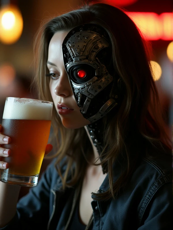 <lora:Cameron Phillips:0.9> cameron  phillips is woman with a partial robotic face with a red eye. She holds a beer in a pub