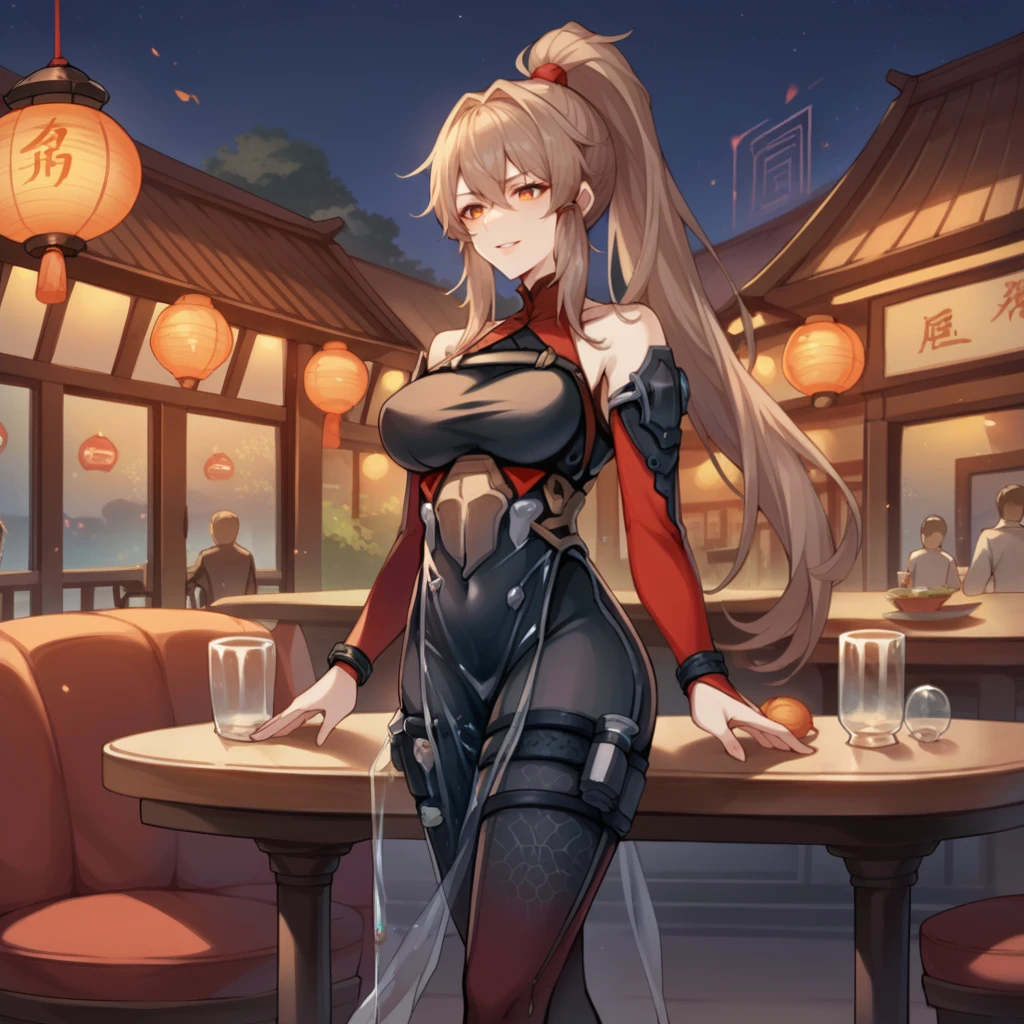 score_9_up, score_8_up, score_7_up, source_anime, 1girl, solo, Chinese background, restaurant, night, dimmed light, lantern, standing, hand on table, from side, angled shot, smug seductive smile, parted lips, full body, high heels, Samir, Sr_Alt, bodysuit, high ponytail, covered navel, see-through, see-through pelvic curtain, black bodysuit, red collar, bare shoulders, detached sleeves, red sleeves, long sleeves, hip vent, clothing cutout, gradient leggings, thigh strap, orange eyes, long hair, brown hair, mature body, dynamic cowboy shot, 