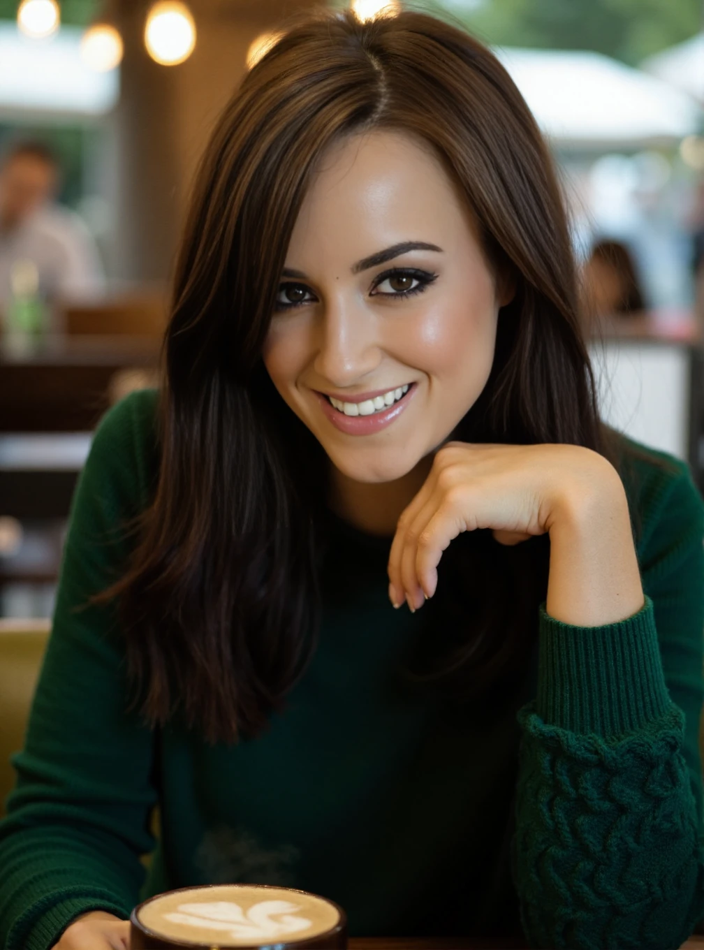 A professional photograph of a 23yo woman Rosie_Jones wearing a dark green cableknit sweater in a cafe, holding a latte. Brunette hair, light make-up, detailed skin, bokeh, female focus, (SFW), smile <lora:Rosie_Jones:1>