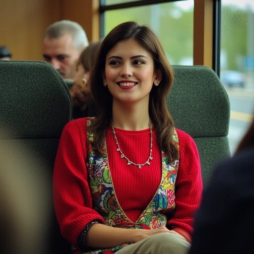 long, friendly smile., loose-fitting trousers., a red sweater underneath, with visible dents and bolts.   The woman, likely a train or bus, leaning back slightly in a chair. She is dressed in a colorful