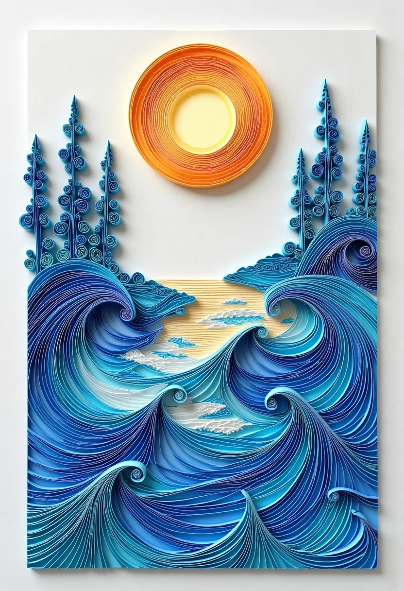 paper quilling, layered paper, sea, waves, 