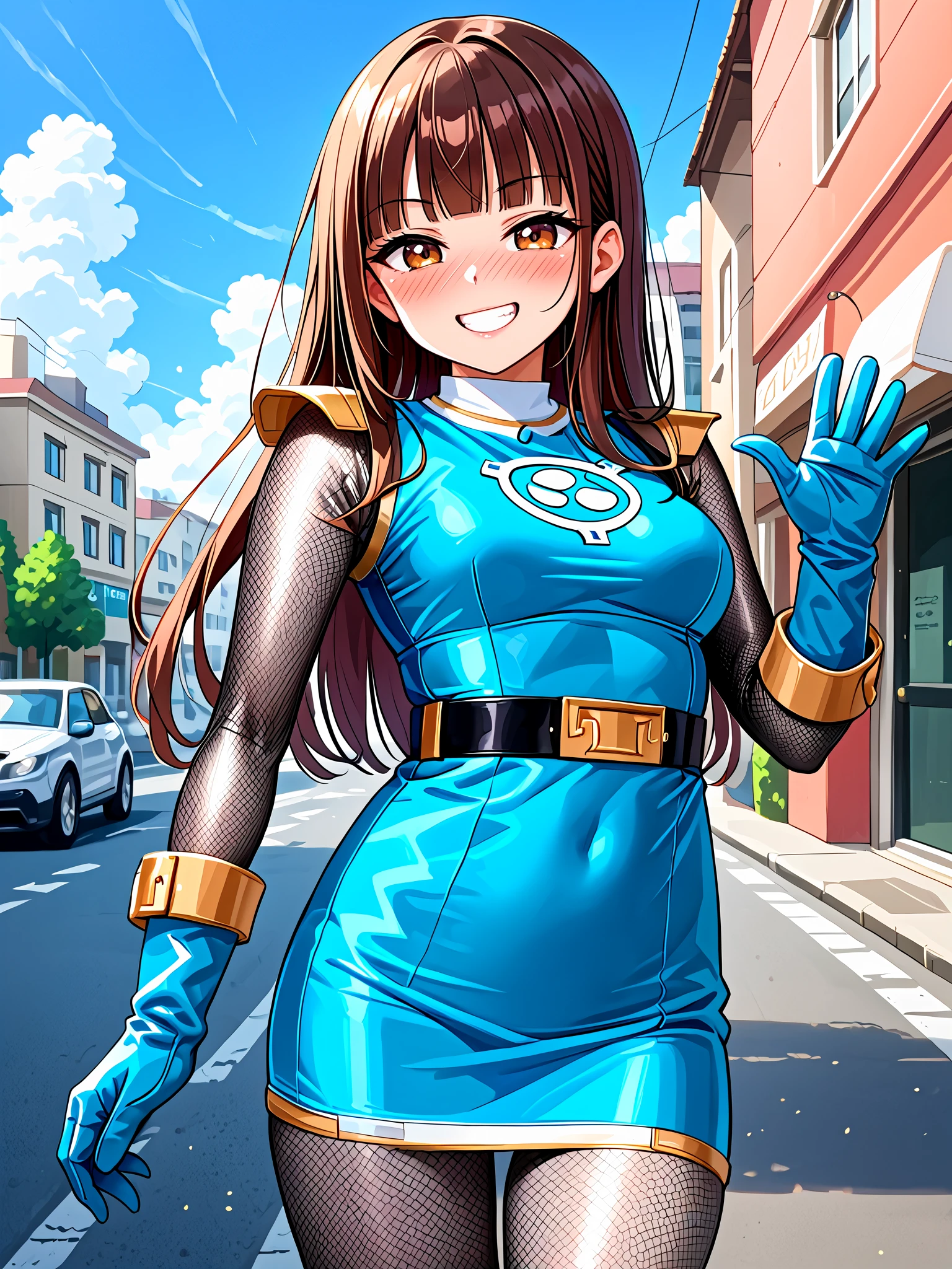 score_9, score_8_up, score_7_up, BREAK,
1girl, solo, BREAK,
sentaikageblue, shiny clothes, spandex, <lora:Kage_Blue:0.8>, BREAK,
(silver bodysuit, fishnet bodysuit:1.4), bodysuit under clothes, (aqua dress:1.4), shoulder pads, aqua skirt, black belt, (aqua gloves:1.1), no headwear, BREAK,
brown hair, blunt bangs, long hair, brown eyes, medium breasts, thick thighs, BREAK,
full-face blush, smug, grin, blush, looking at viewer, standing, (waving:1.2), arm at side, BREAK,
dutch angle, outdoors, city, street, day, blue sky, cloudy sky