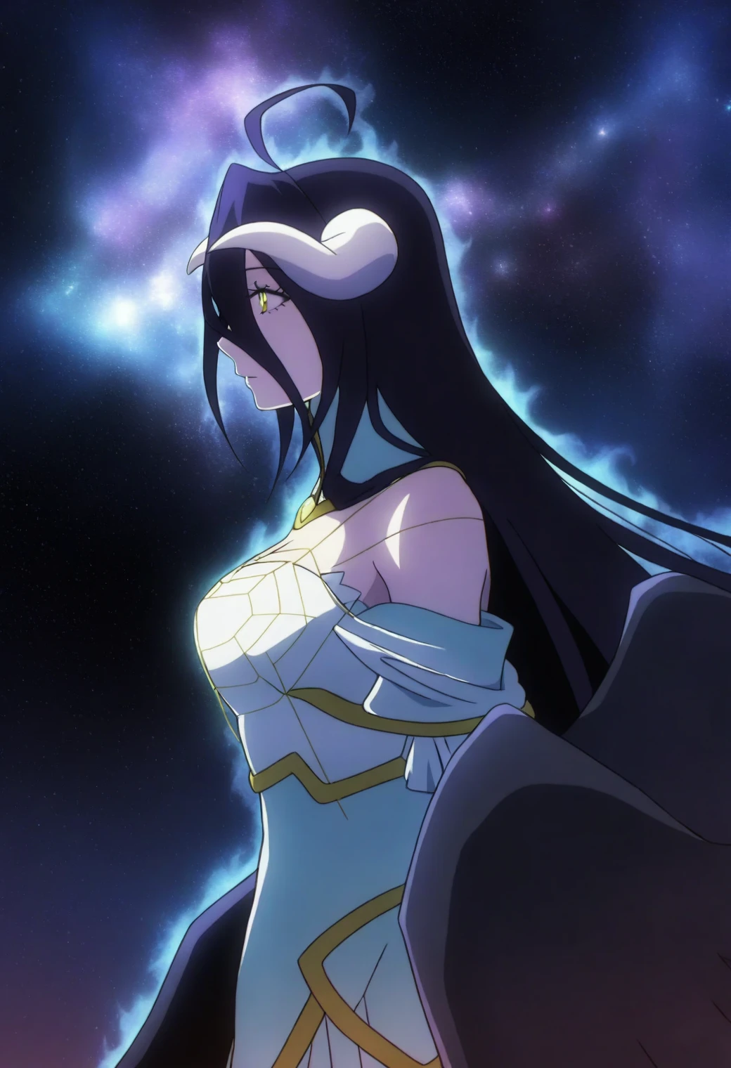 <lora:Albedo - [Overlord] - illustriousXL v1:1>, sysdeep_albedo, black hair, yellow eyes, horns, galaxy, floating, stars all around, glowing aura, space outfit, serene, anime coloring