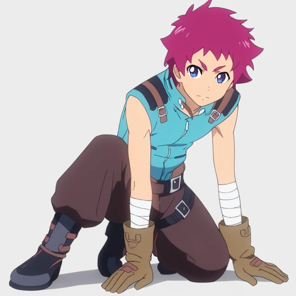 score_7, score_9, score_8_up, score_7_up,, masterpiece, best quality, leo conrad, solo, gloves, blue eyes, male focus, 1boy, full body, belt, pink hair, brown gloves, white background, pants, boots, bandages, standing, sleeveless, looking at viewer, pink hair, intricate details, skinny, slim, small body, male focus, source_anime, aged down