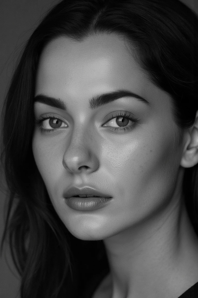 portrait,inspired by Peter Lindbergh's photographic style,of a woman looking directly into the camera with an intimate and deep expression. ** Lighting ** must be soft and natural,avoiding exaggerated perfection,and focusing on capturing the human essence and the natural beauty of women. Shadows and lights should accentuate the lines and textures of the face,highlighting its emotional and vulnerable expression. The woman's face is devoid of makeup or a very subtle touch,highlighting the authenticity and imperfection that Lindbergh valued in his portraits. The ** precise details ** include a deep look,with eyes that convey history,strength and fragility at the same time. The expression on her lips is relaxed,with a slight separation that adds a touch of naturalness and spontaneity. The texture of your skin,with all its small imperfections,pores and subtle wrinkles,should be faithfully captured,enhancing the real beauty without touch-ups or filters. The ** fundo ** is simple and out of focus,typically neutral,with shades of gray that do not distract attention from the face. The image uses minimal depth of field,with an absolute focus on the woman's face and the rest in a gentle blur. Black and white should be full of soft contrasts,but without losing the delicacy of the shadows,creating a raw,emotional and living environment. Make sure the image ** conveys a sense of humanity,authenticity and emotional connection **,key features of Peter Lindbergh'******. The woman must appear strong but accessible,showing her beauty without the need for ornaments,with a direct connection between her gaze and the viewer. ** Additional items ** are minimal,with all the attention on the woman's face and expression. The image d