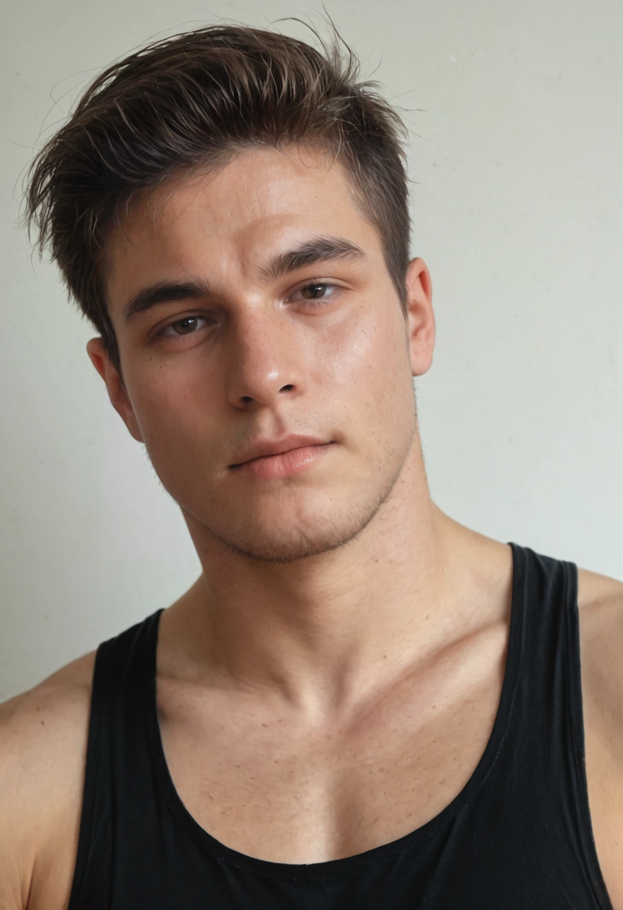 score_9, score_8_up, score_7_up, realistic, photorealistic, highly detailed, close-up <lora:xl_dominik_togyela-08:0.8> male domperson, wearing black tank top shirt, white background