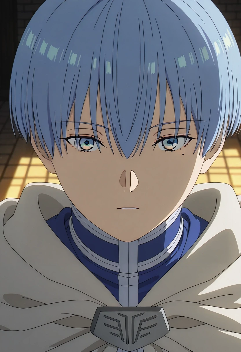 masterpiece, best quality, , anime screencap, anime coloring, official style, looking at viewer, depth of field, 1boy, solo, male focus, <lora:himmel_sousou_no_frieren_ilxl:0.94>, himmel_sousou_no_frieren, blue hair, blue eyes, short hair, bangs, hair between eyes, mole under eye, digital realm, data streams, circuit paths, energy fields, interface pose, analyzing expression, grid lighting,