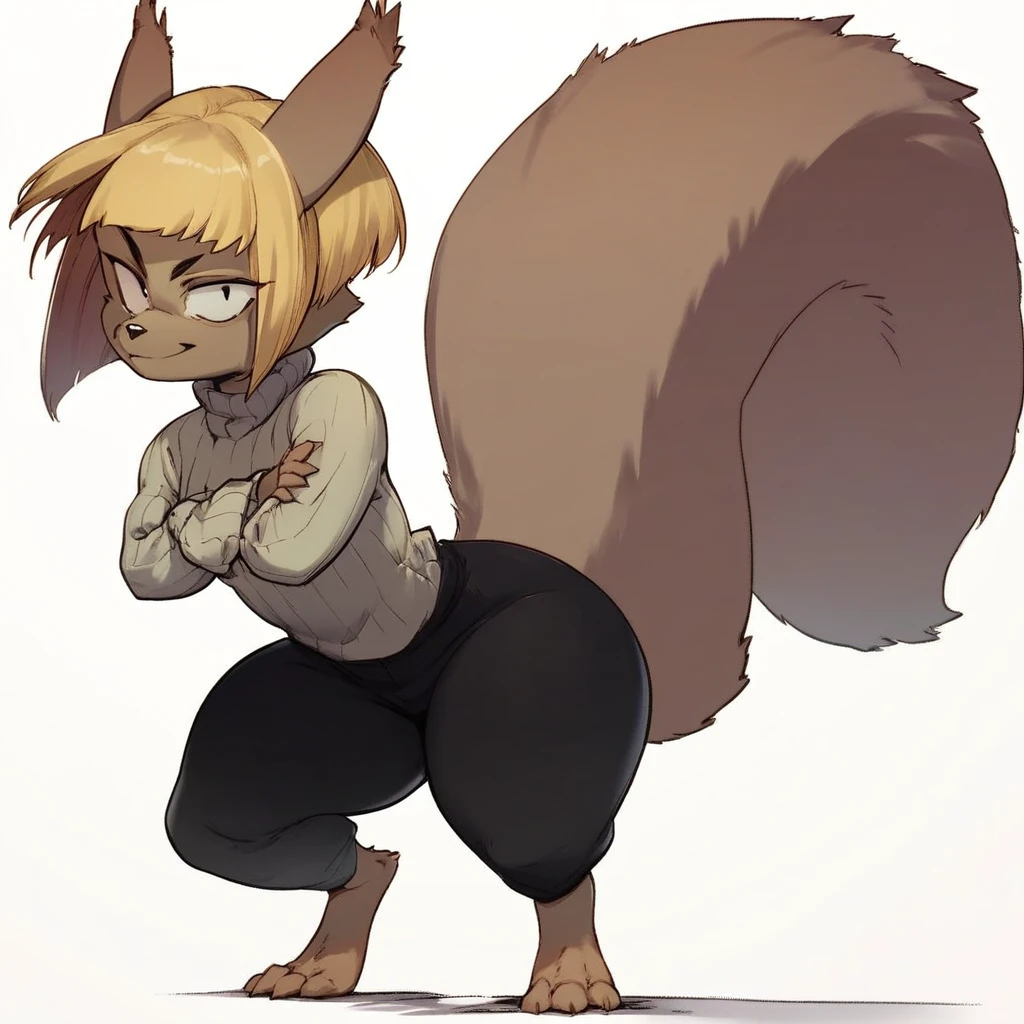 score_9, score_8_up, score_8, score_7, source_furry, daigaijin, Solo, 1girl, anthro, female furry, squirrel, rodent, brown fur, blonde hair, short hair, long tail, fluffy tail, black eyes, shortstack, small breasts, digigrade feet, full body, black pants, grey turtleneck, arms crossed, looking at viewer, soft smile, white background,