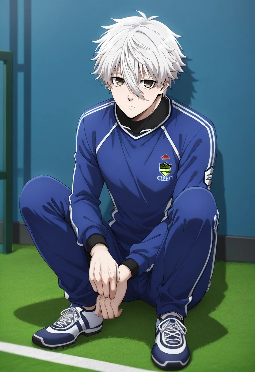 masterpiece, best quality, , (realistic:0.6), , , 1boy, solo, male focus, <lora:seishirou_nagi_ilxl:0.92>, seishirou_nagi, white hair, brown eyes, short hair, bangs, hair between eyes, , Jersey Track pants, Eyelet Crew neck sweatshirt, Derby shoes, ,