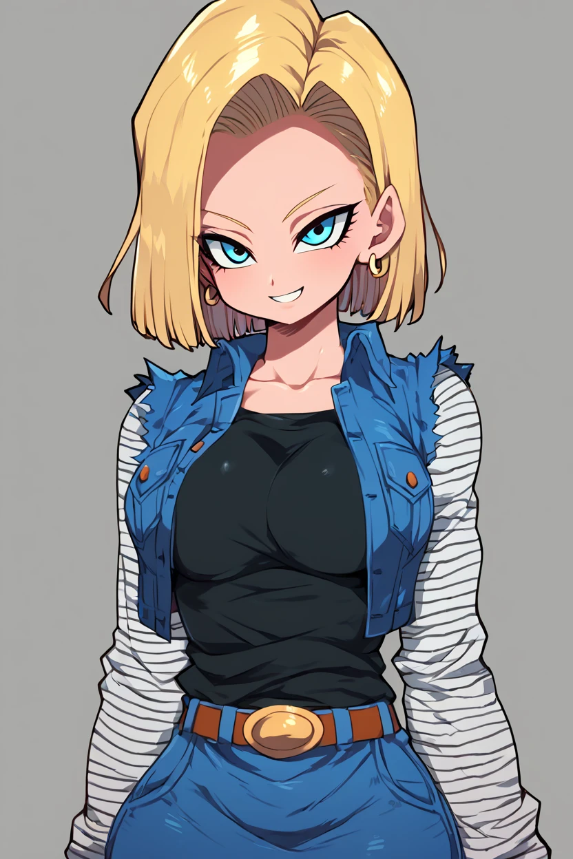 score_9, score_8_up, score_8, medium breasts, (curvy), cute, eyelashes,      ,,,  <lora:Android18PDXL:1.0>, zzAndroid18, blue eyes, blonde hair, short hair, jacket, denim, denim jacket, jewelry, earrings, long sleeves, shirt, skirt, belt, stripes, BREAK, smile, looking at viewer, cowboy shot, ,,, embedding:zPDXL, Expressiveh, ,,, <lora:Zankuro_Style_PDXL:0.8> <lora:SDXLFaeTastic2400:0.5>, <lora:Expressive_H-000001:0.4>,