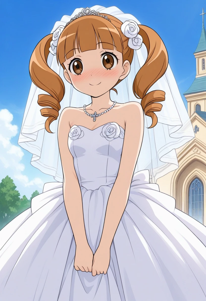 score_9, score_8_up, score_7_up, score_6_up, score_5_up, BREAK
yumeno uta, 1girl, solo, outdoors, onegai my melody, brown eyes, day, twintails, brown hair, blunt bangs, drill hair, long hair, church, wedding dress, wedding veil, blush, deep blush, nose blush, happy, smile, 