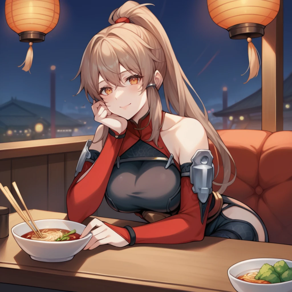 score_9_up, score_8_up, score_7_up, source_anime, 1girl, solo, Chinese background, restaurant, night, dimmed light, lantern, sitting across table, noodles, holding chopsticks, slight blush, upper body, face focus, looking at you, gentle smile, head rest, Samir, Sr_Alt, bodysuit, high ponytail, covered navel, see-through, see-through pelvic curtain, black bodysuit, red collar, bare shoulders, detached sleeves, red sleeves, long sleeves, hip vent, clothing cutout, gradient leggings, thigh strap, orange eyes, long hair, brown hair, mature body, dynamic cowboy shot, 